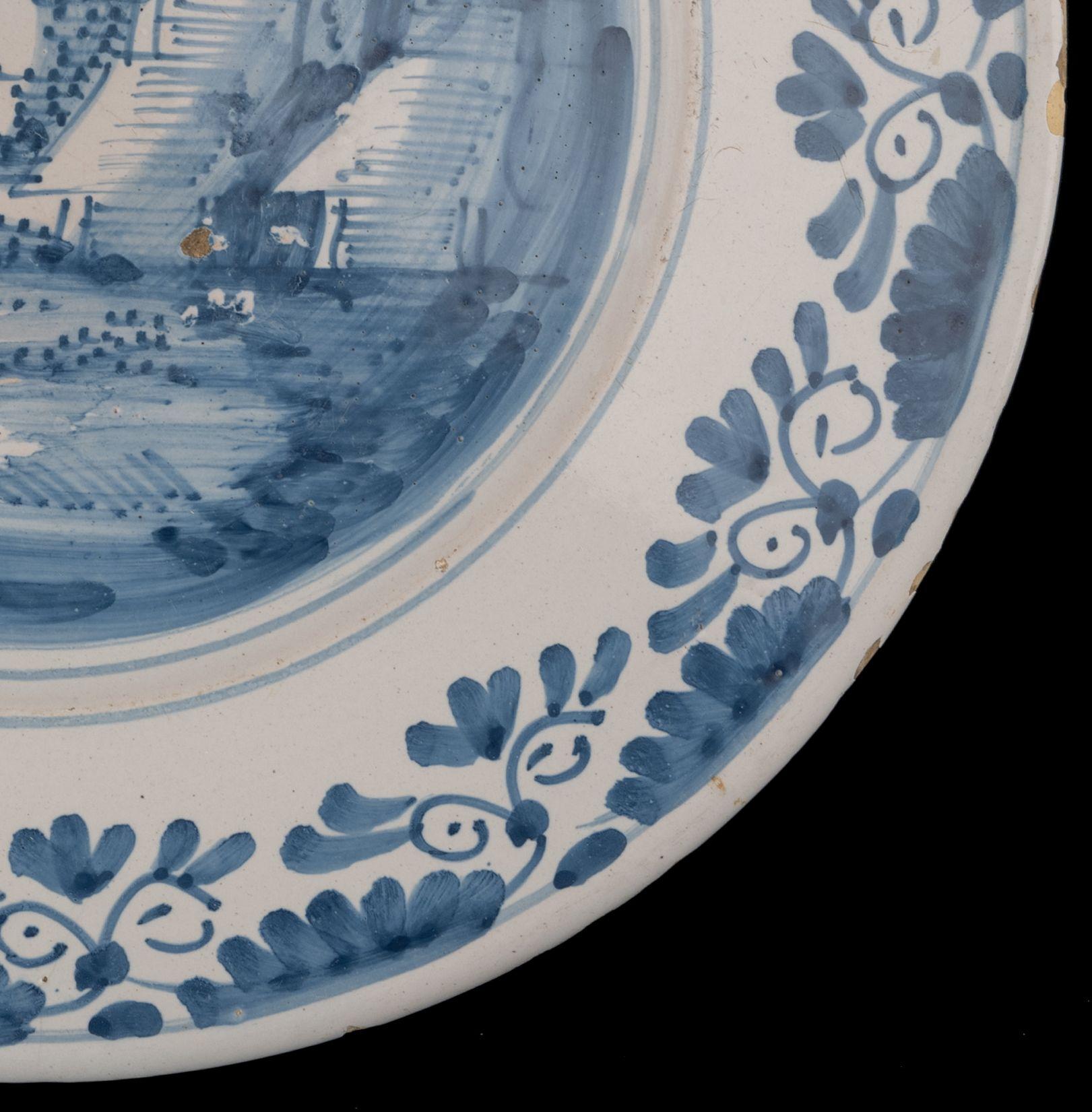 Large Delft Blue and White Charger with Landscape, Netherlands, circa 1660 For Sale 3