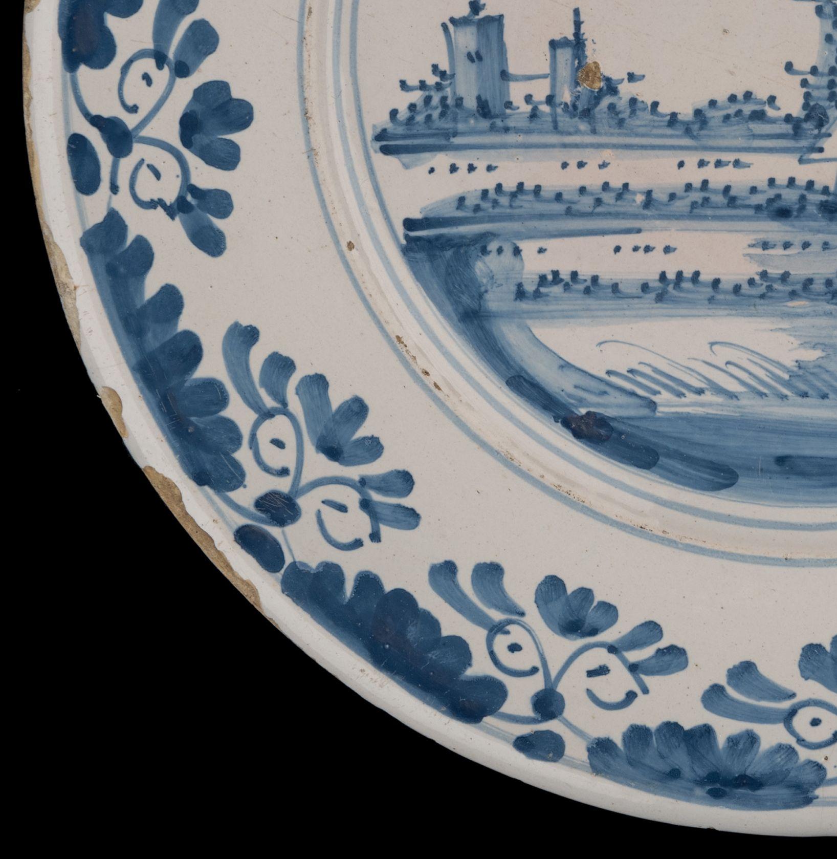 Large Delft Blue and White Charger with Landscape, Netherlands, circa 1660 For Sale 4