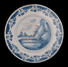 Large Delft Blue and White Charger with Landscape, Netherlands, circa 1660