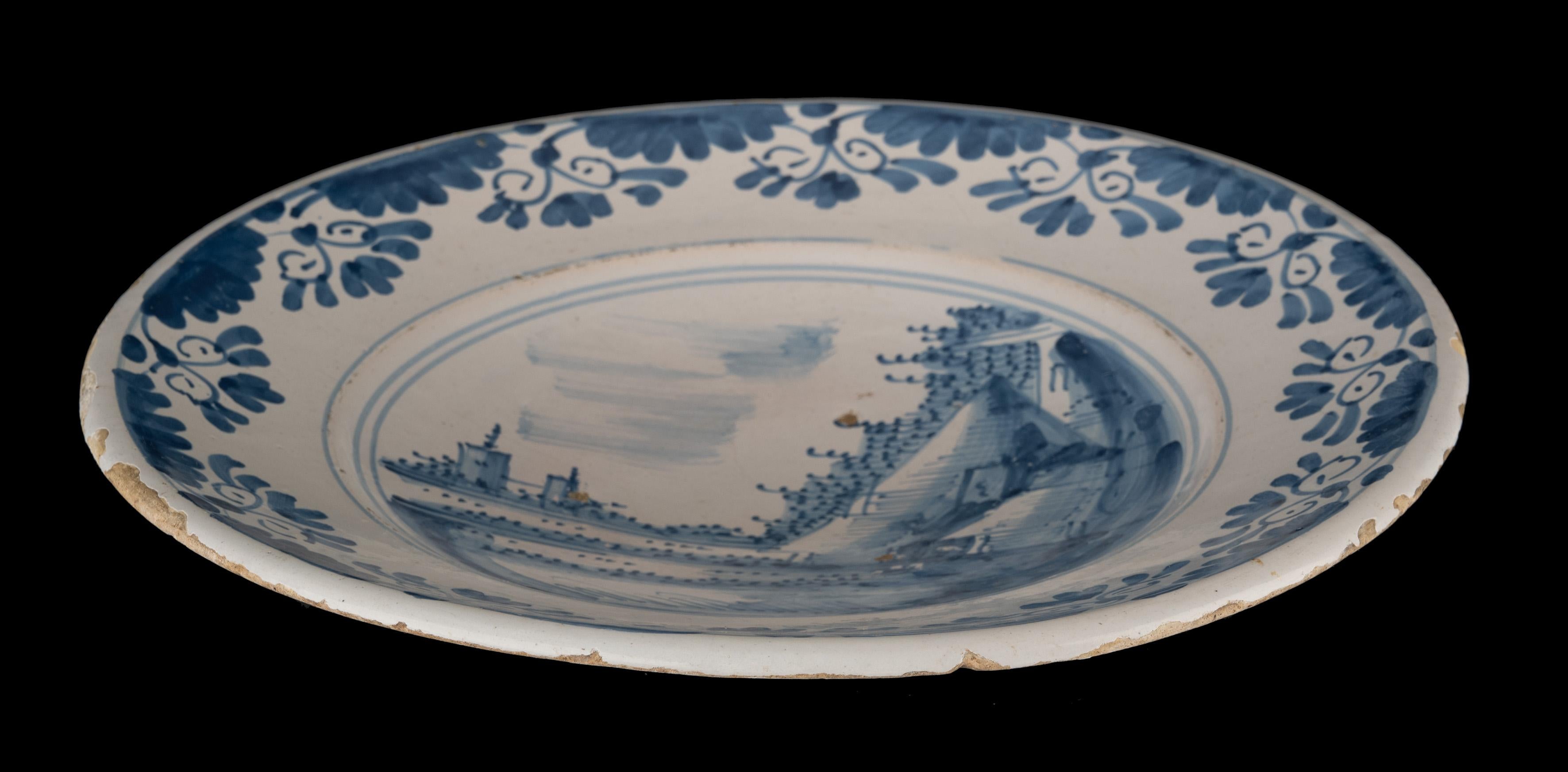 Dutch Large Delft Blue and White Charger with Landscape, Netherlands, circa 1660 For Sale