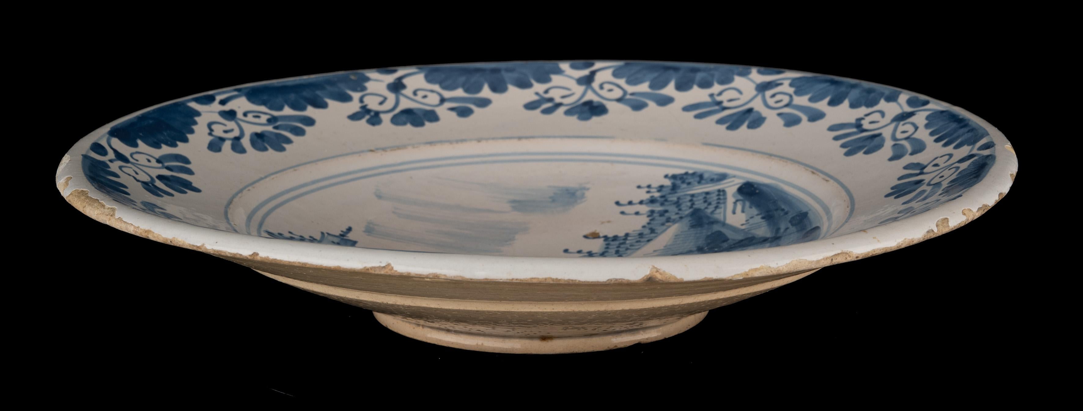 Glazed Large Delft Blue and White Charger with Landscape, Netherlands, circa 1660 For Sale