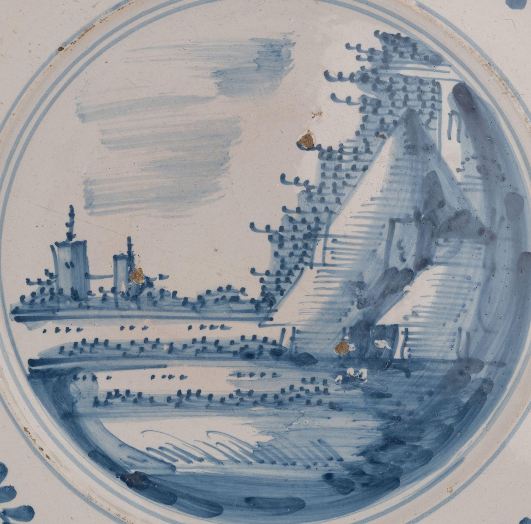 Ceramic Large Delft Blue and White Charger with Landscape, Netherlands, circa 1660 For Sale