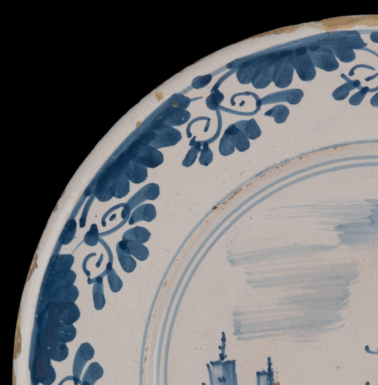 Large Delft Blue and White Charger with Landscape, Netherlands, circa 1660 For Sale 1
