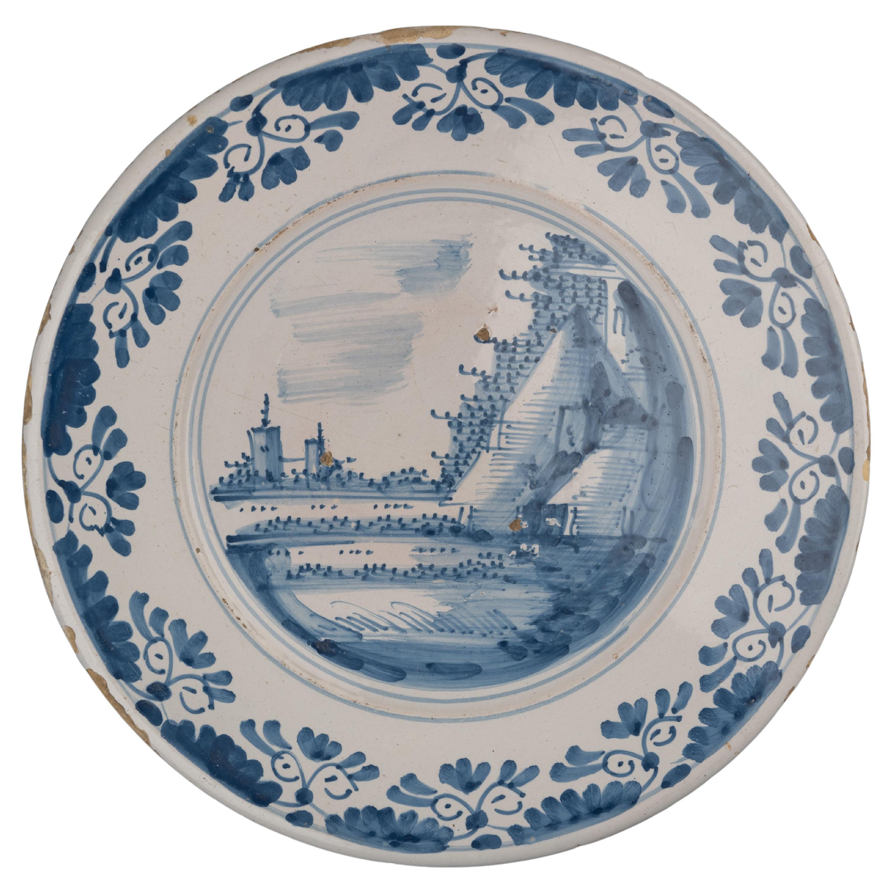 Large Delft Blue and White Charger with Landscape, Netherlands, circa 1660 For Sale