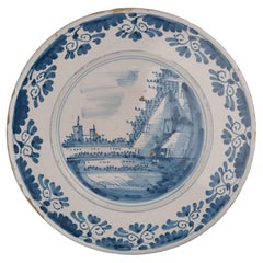 Antique Large Delft Blue and White Charger with Landscape, Netherlands, circa 1660
