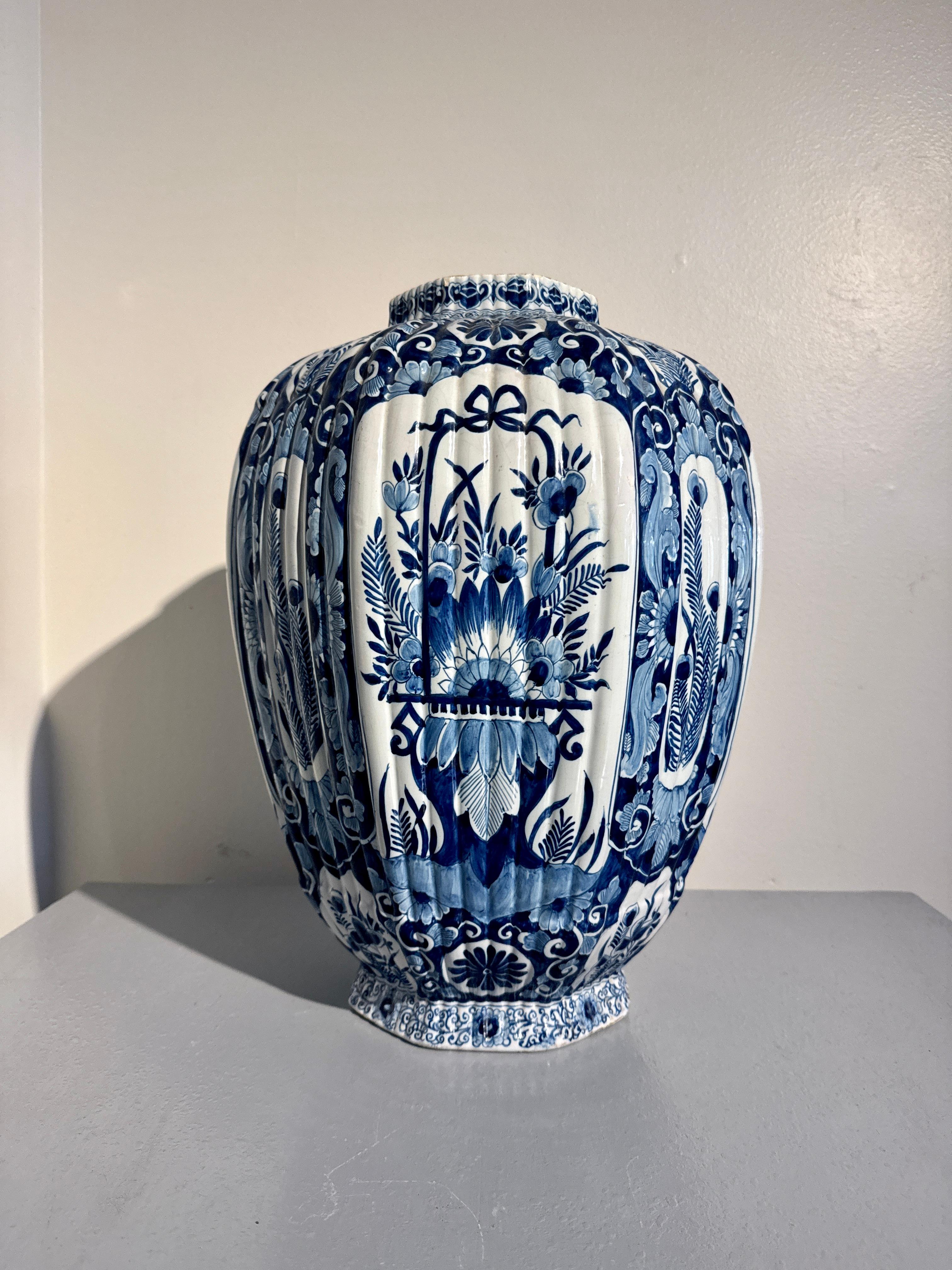 Glazed Large Delft Blue and White Fluted Octagonal Jar, JV Duijn, 18th c, Netherlands For Sale