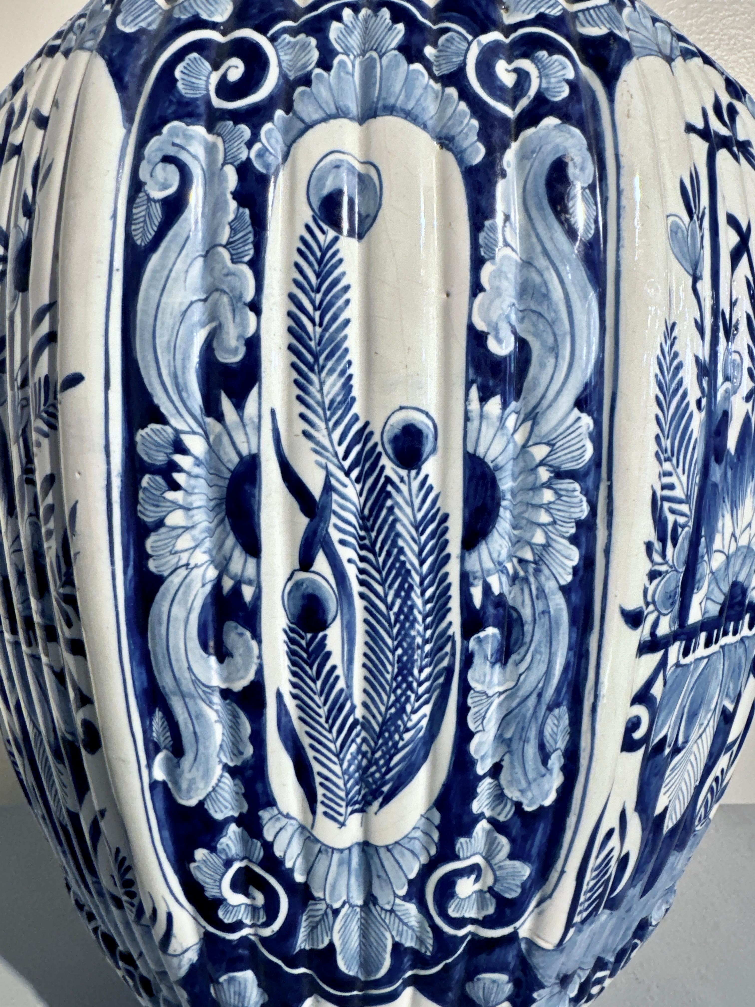 Faience Large Delft Blue and White Fluted Octagonal Jar, JV Duijn, 18th c, Netherlands For Sale