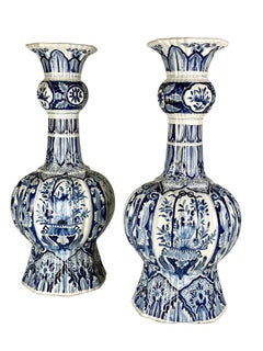 Large Delft Blue and White Hand Painted Vases 20 Inch Floral Pair