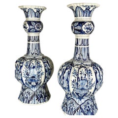 Large Delft Blue and White Hand Painted Vases 20 Inch Floral Pair