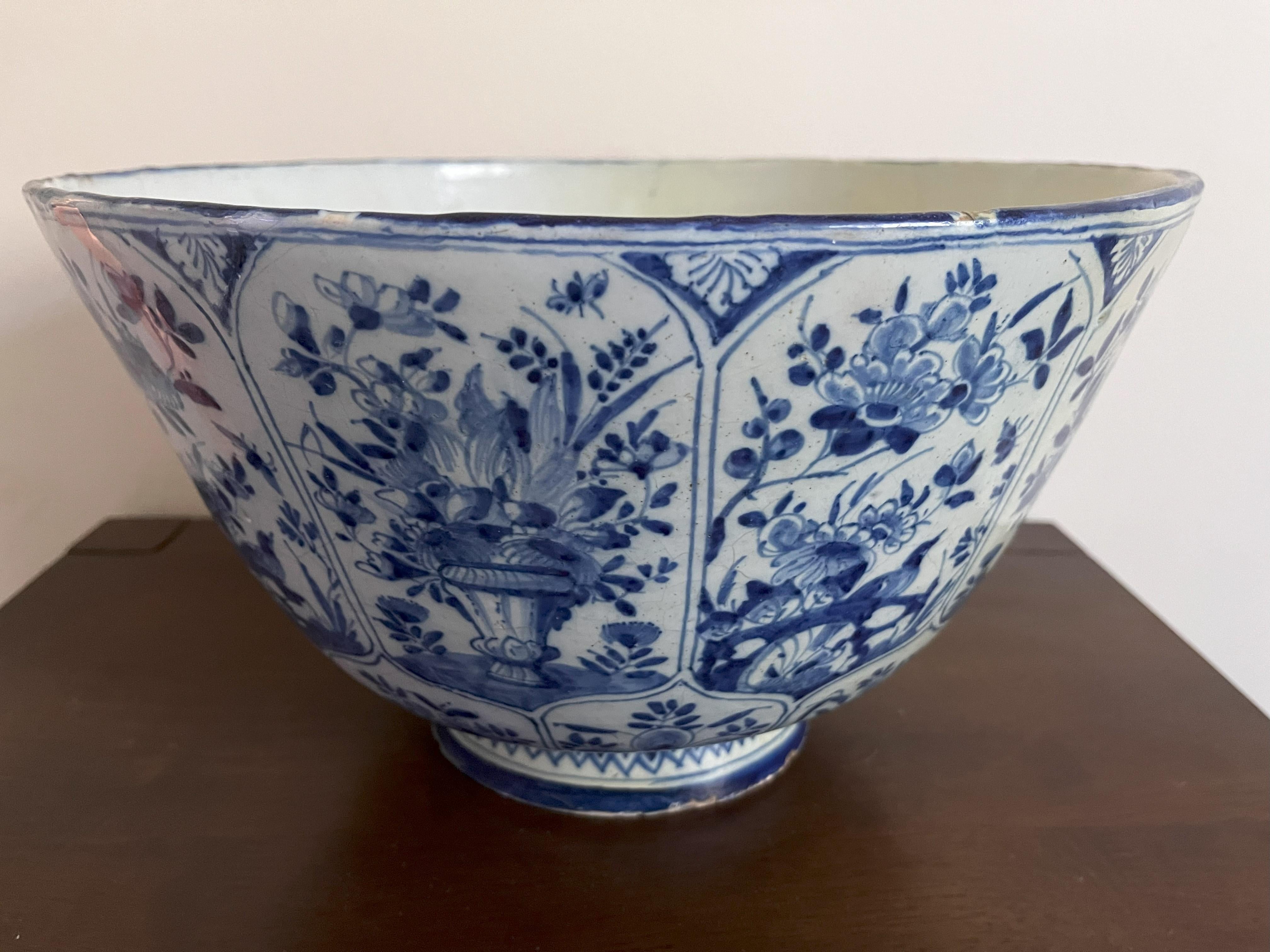 British Large Delft Blue And White Punch Bowl - 18th Century