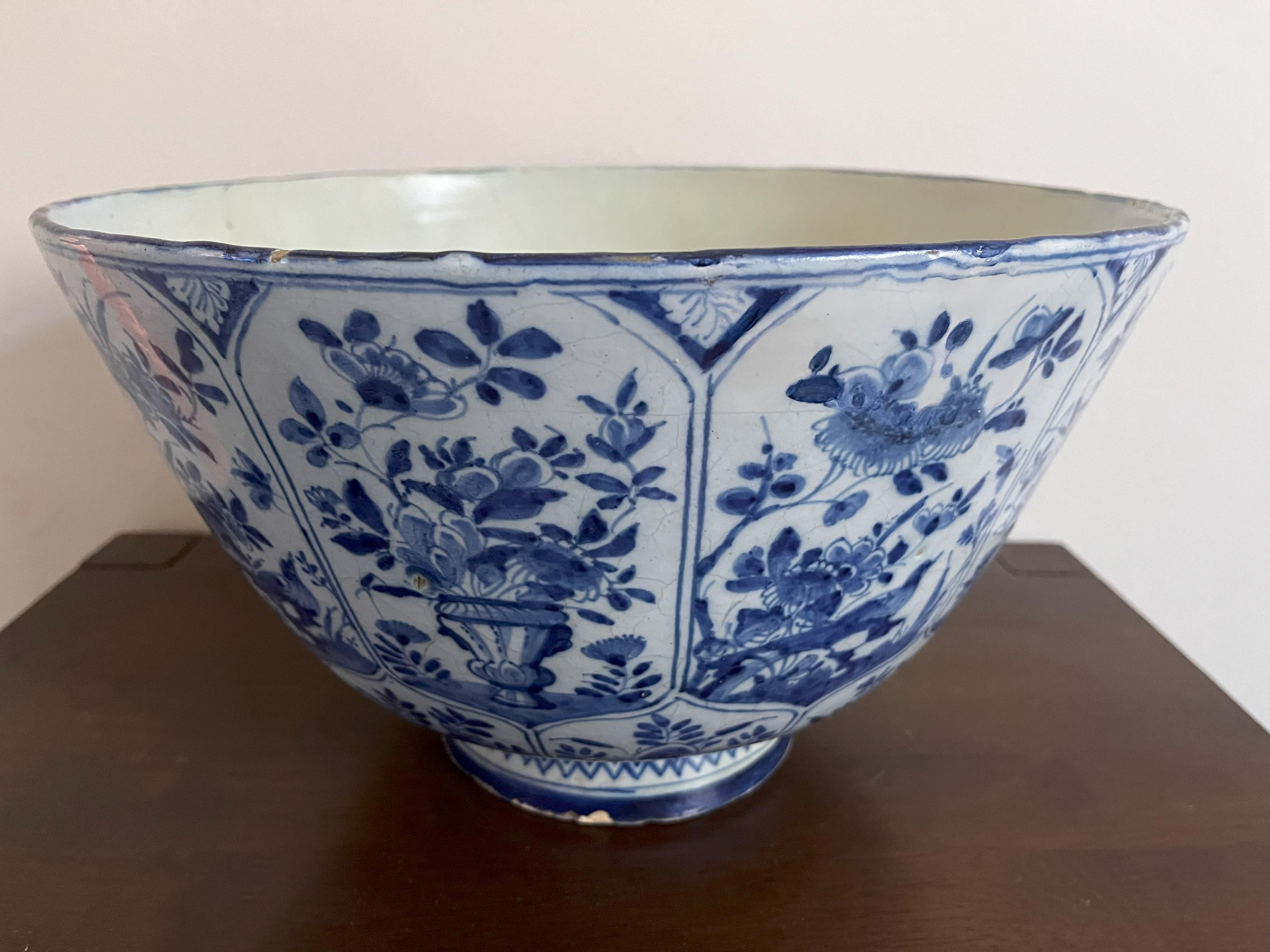Large Delft Blue And White Punch Bowl - 18th Century In Fair Condition For Sale In Maidstone, GB