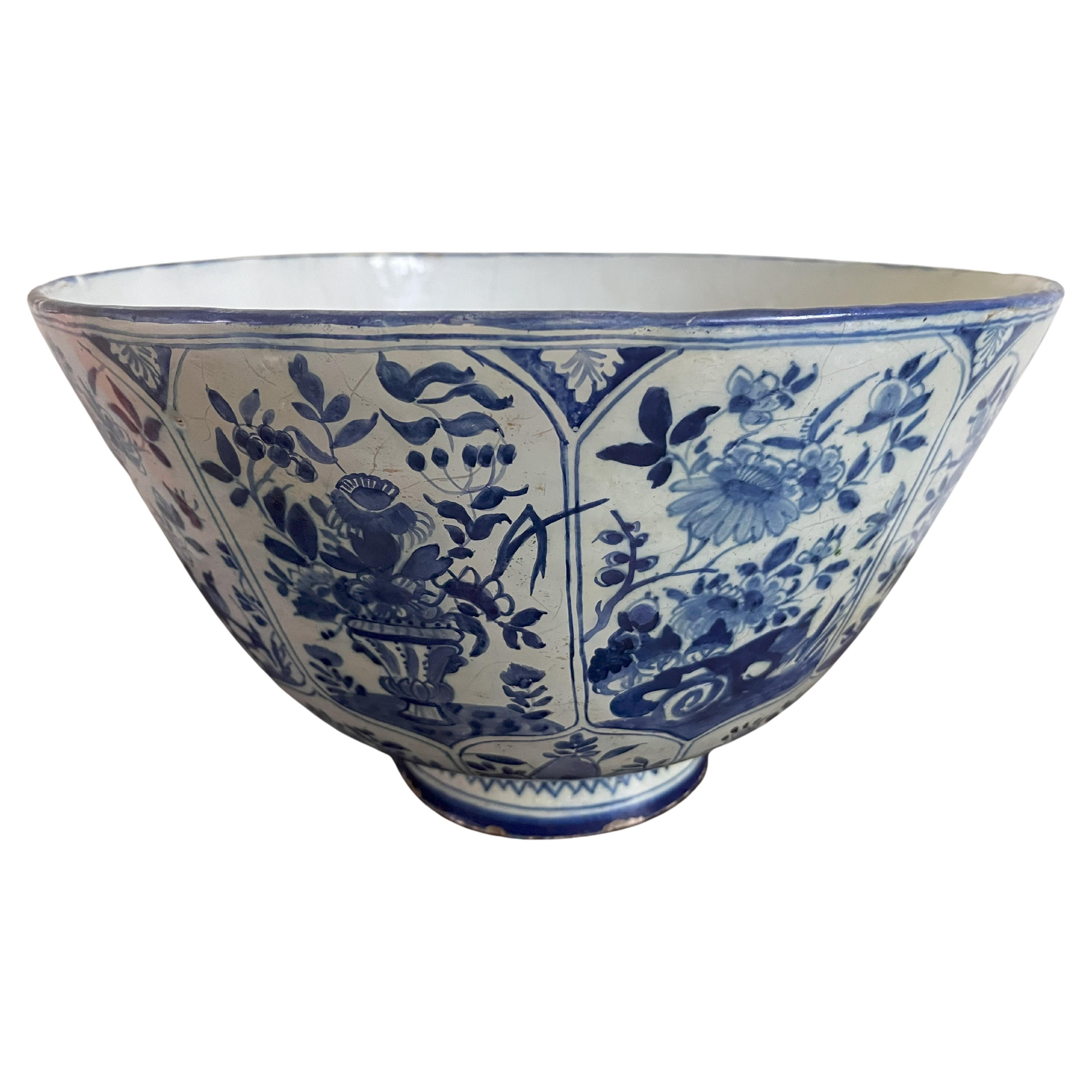 Large Delft Blue And White Punch Bowl - 18th Century For Sale