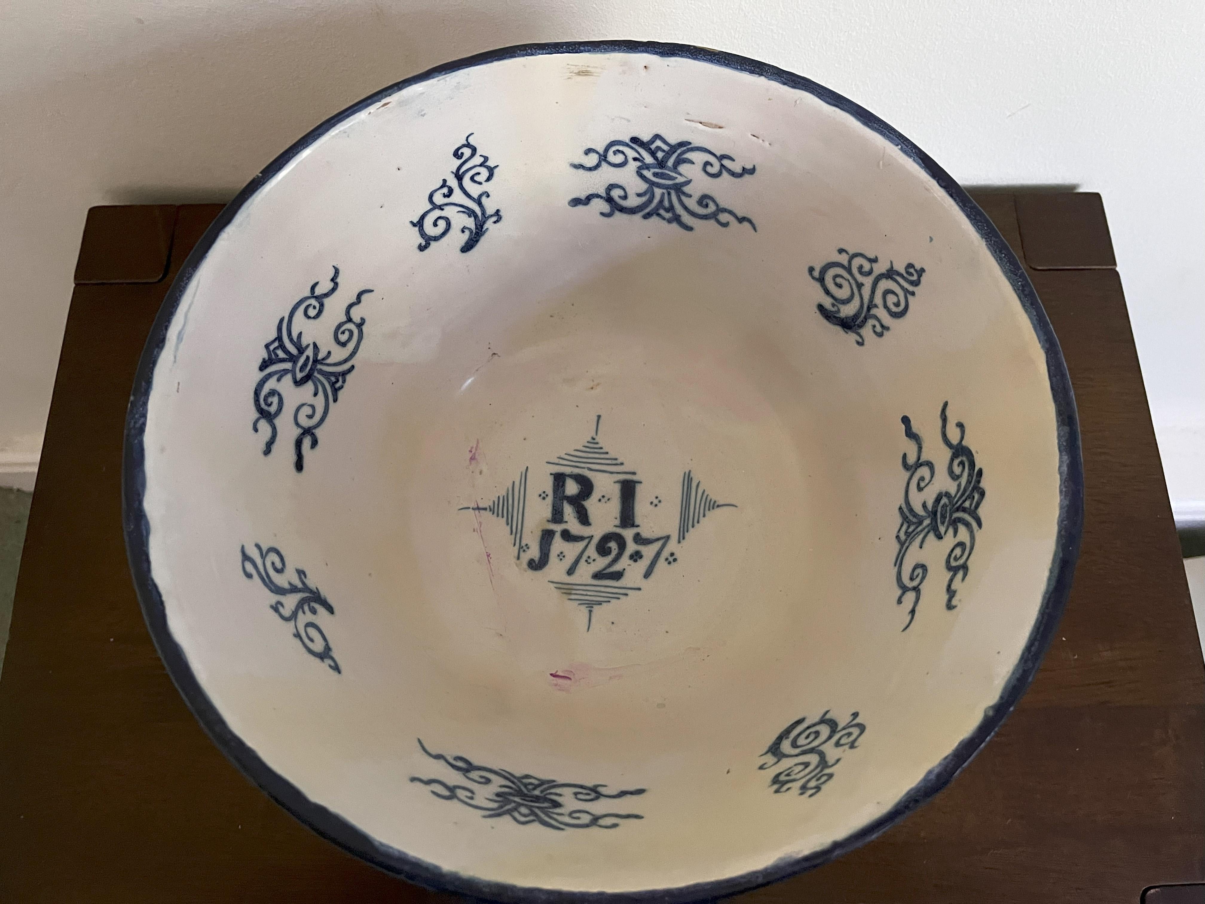 Large Delft Blue And White Punch Bowl Dated 1727 For Sale 2