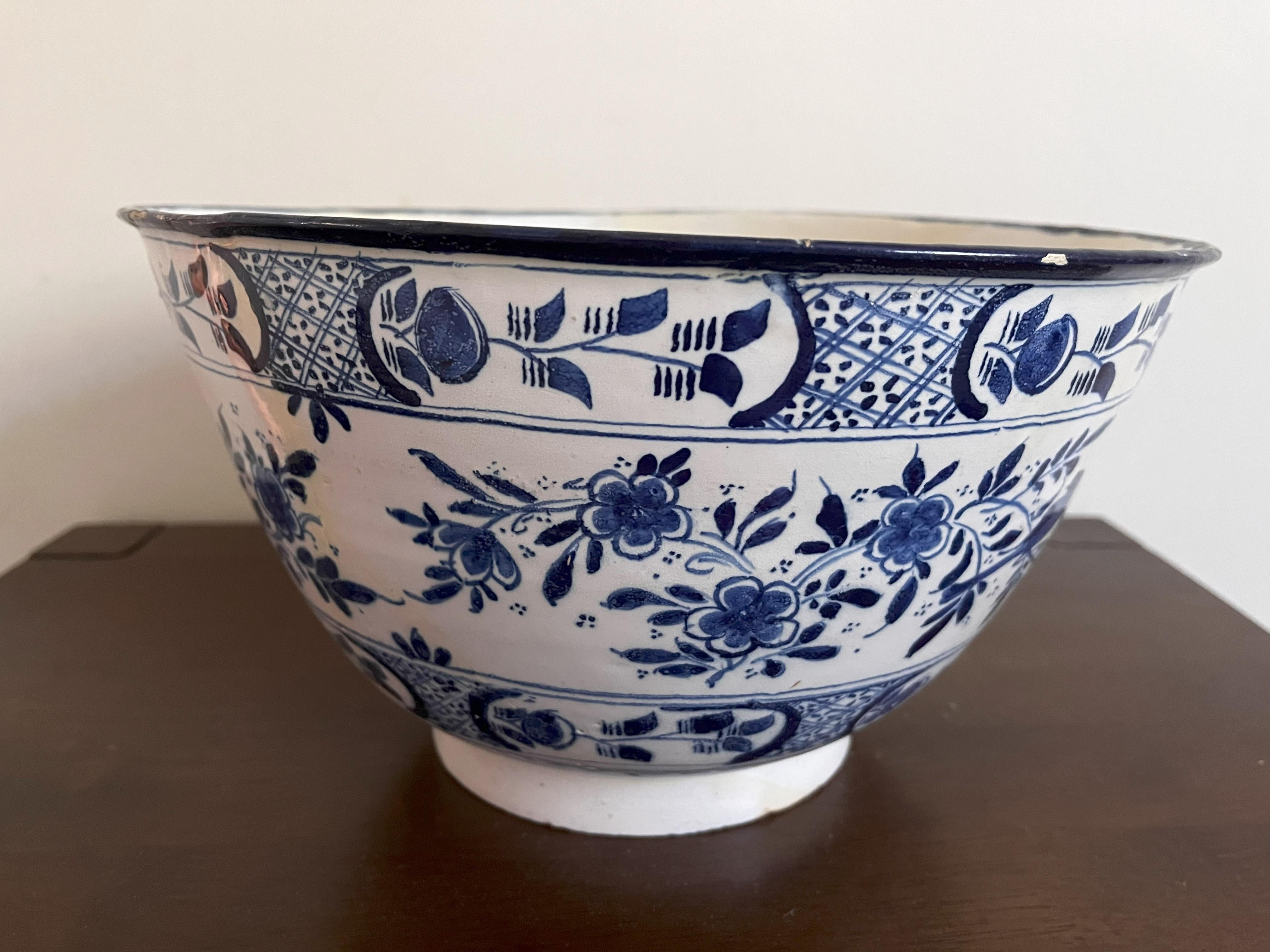 British Large Delft Blue And White Punch Bowl Dated 1727 For Sale