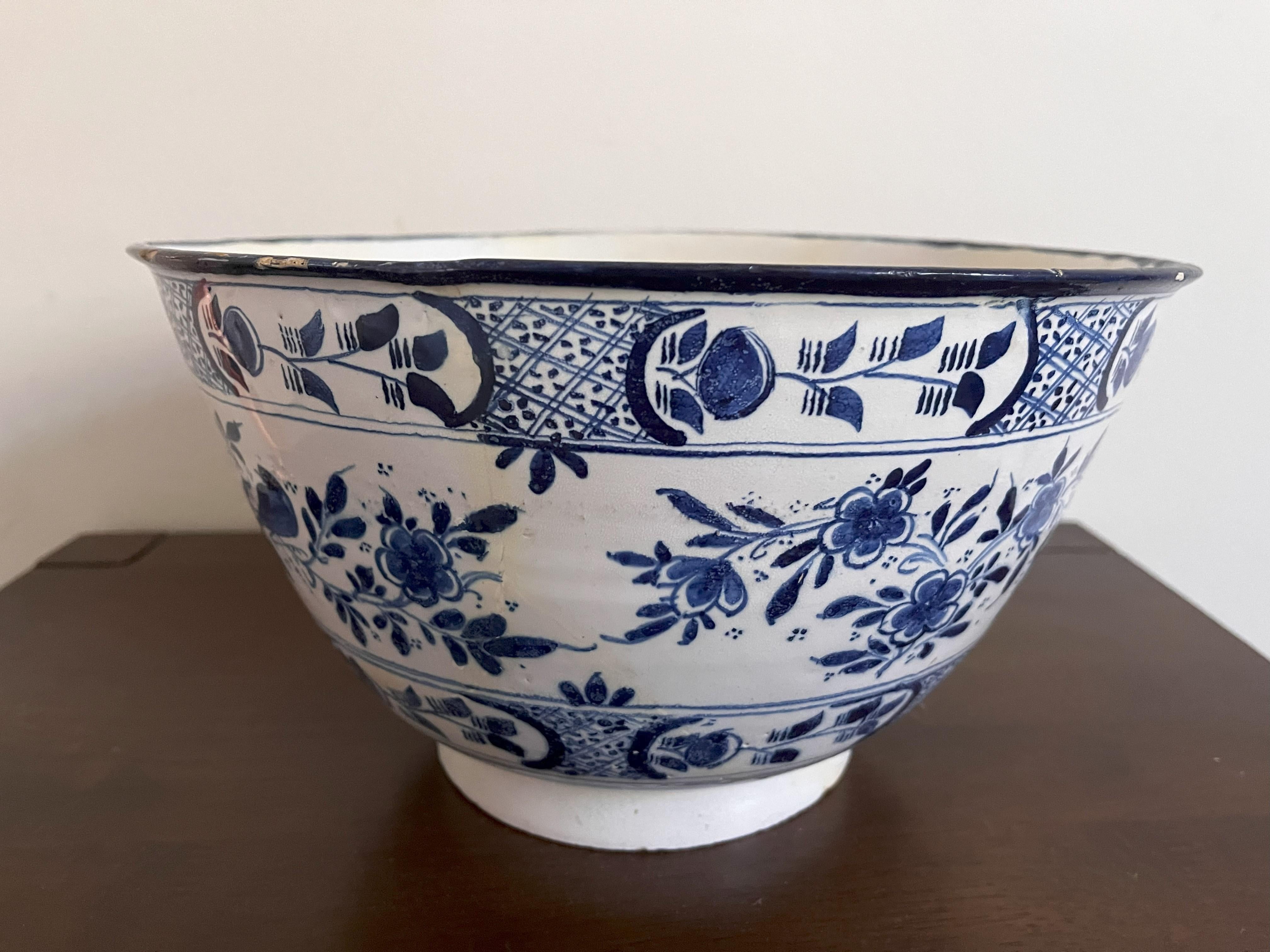 Hand-Crafted Large Delft Blue And White Punch Bowl Dated 1727 For Sale
