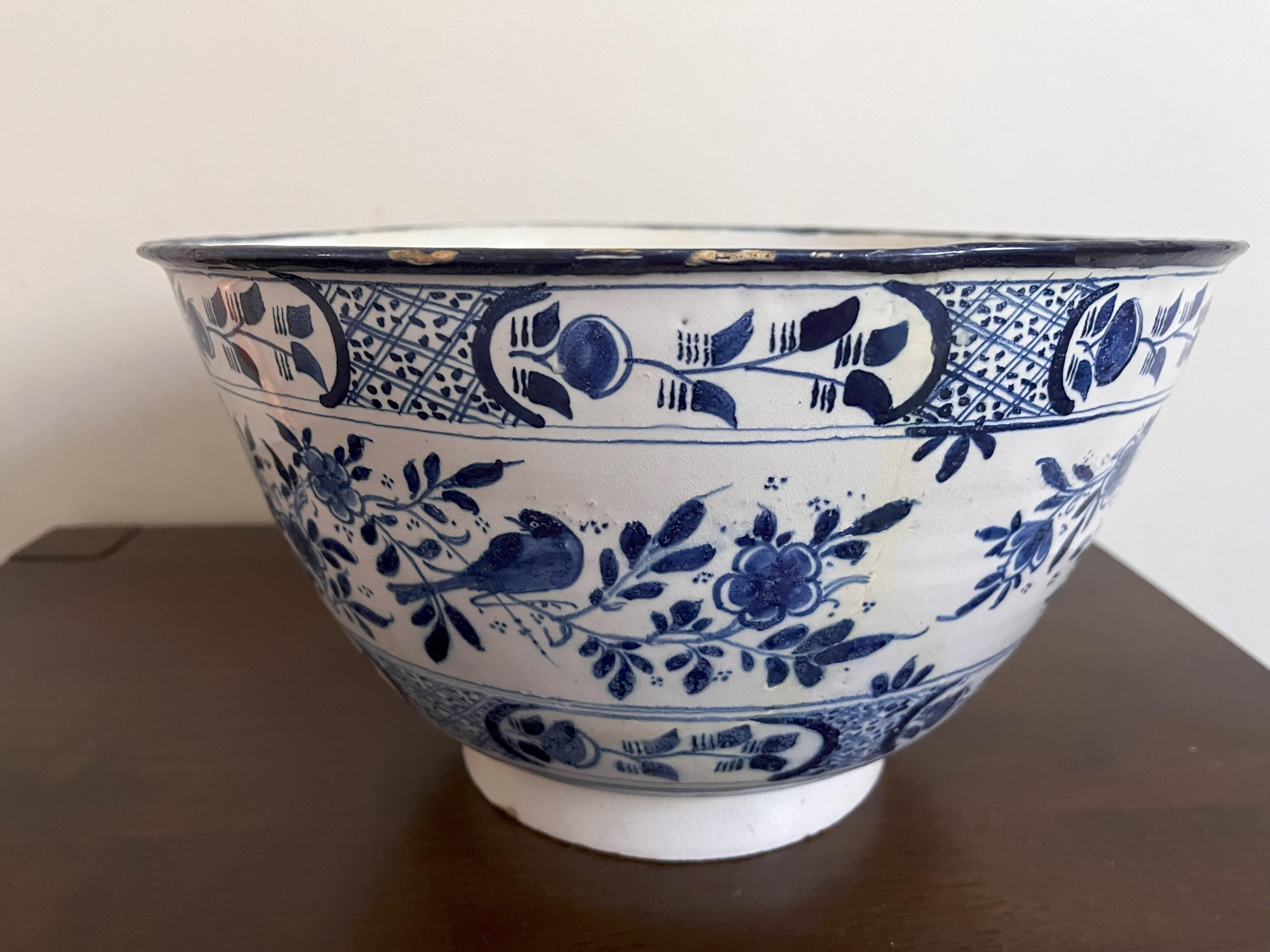 Large Delft Blue And White Punch Bowl Dated 1727 In Fair Condition For Sale In Maidstone, GB