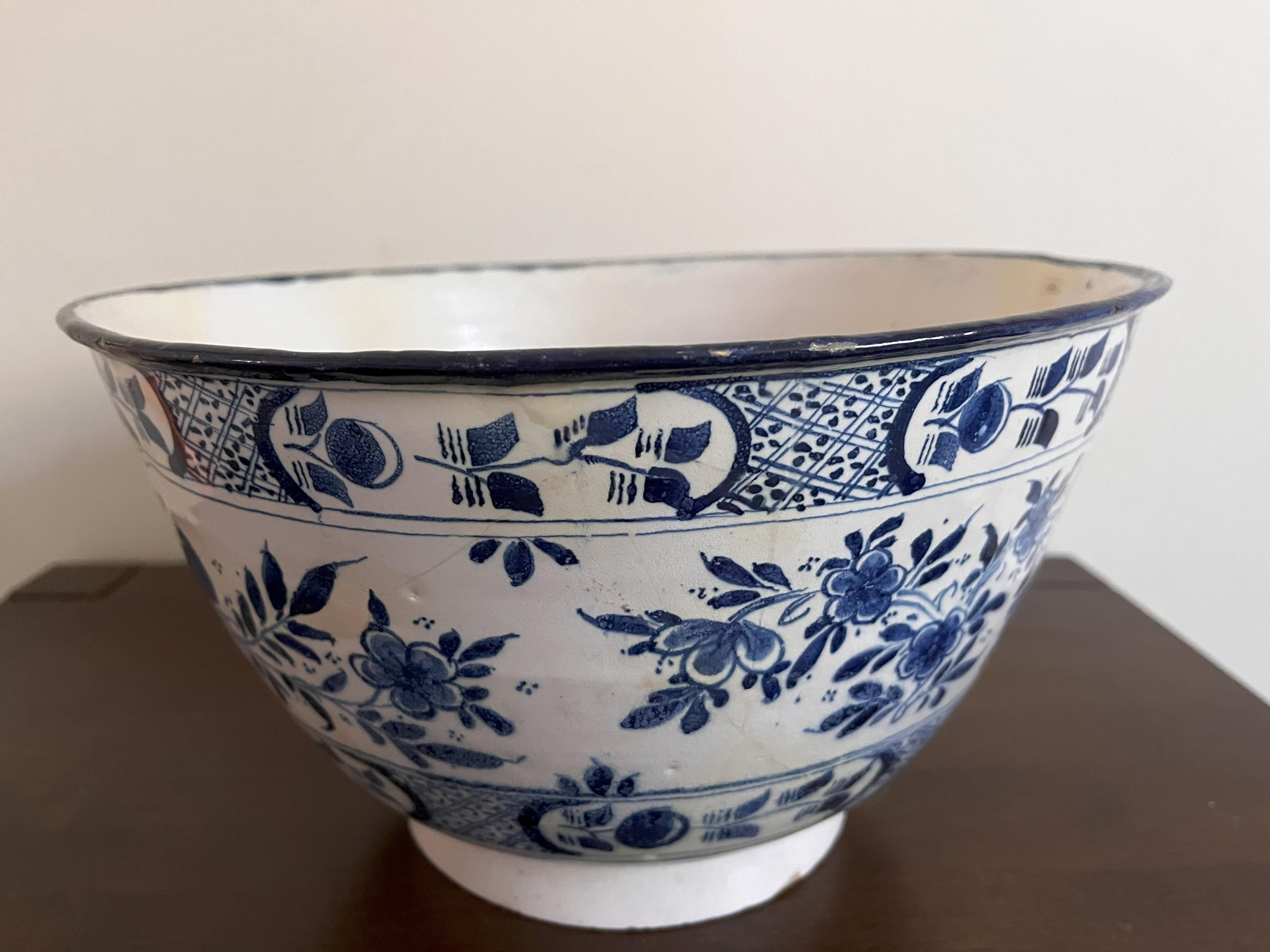 Earthenware Large Delft Blue And White Punch Bowl Dated 1727 For Sale