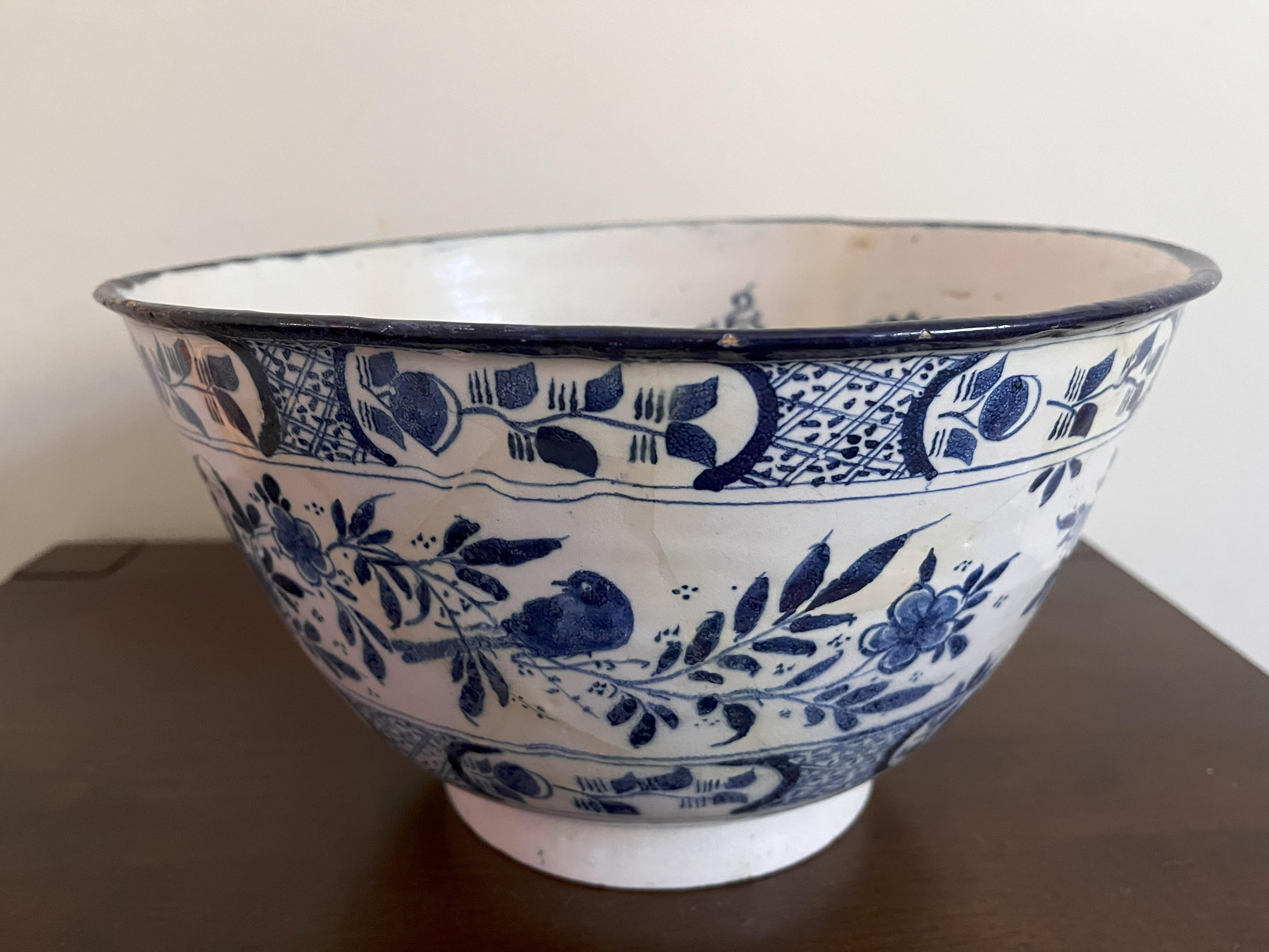 Large Delft Blue And White Punch Bowl Dated 1727 For Sale 1