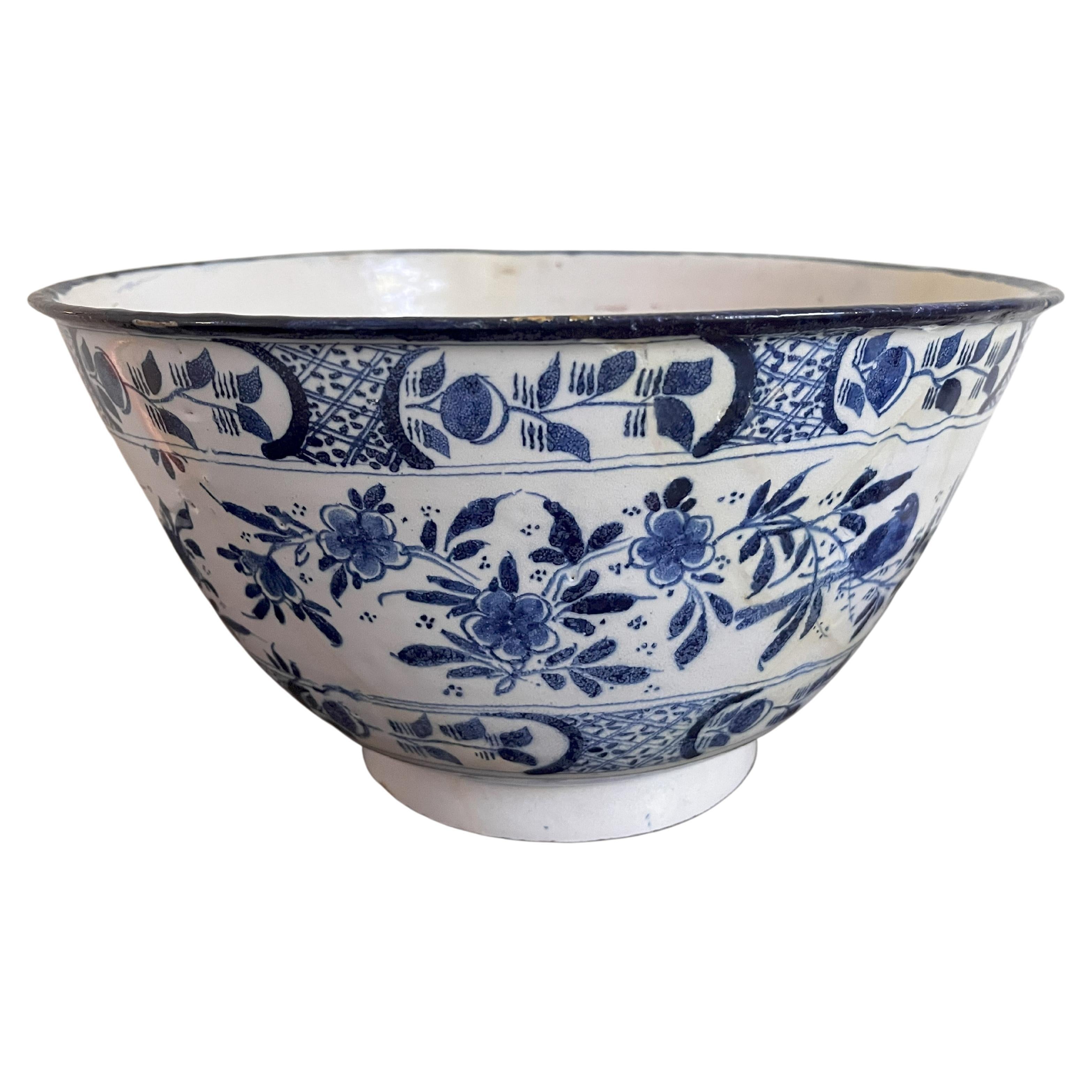 Large Delft Blue And White Punch Bowl Dated 1727 For Sale