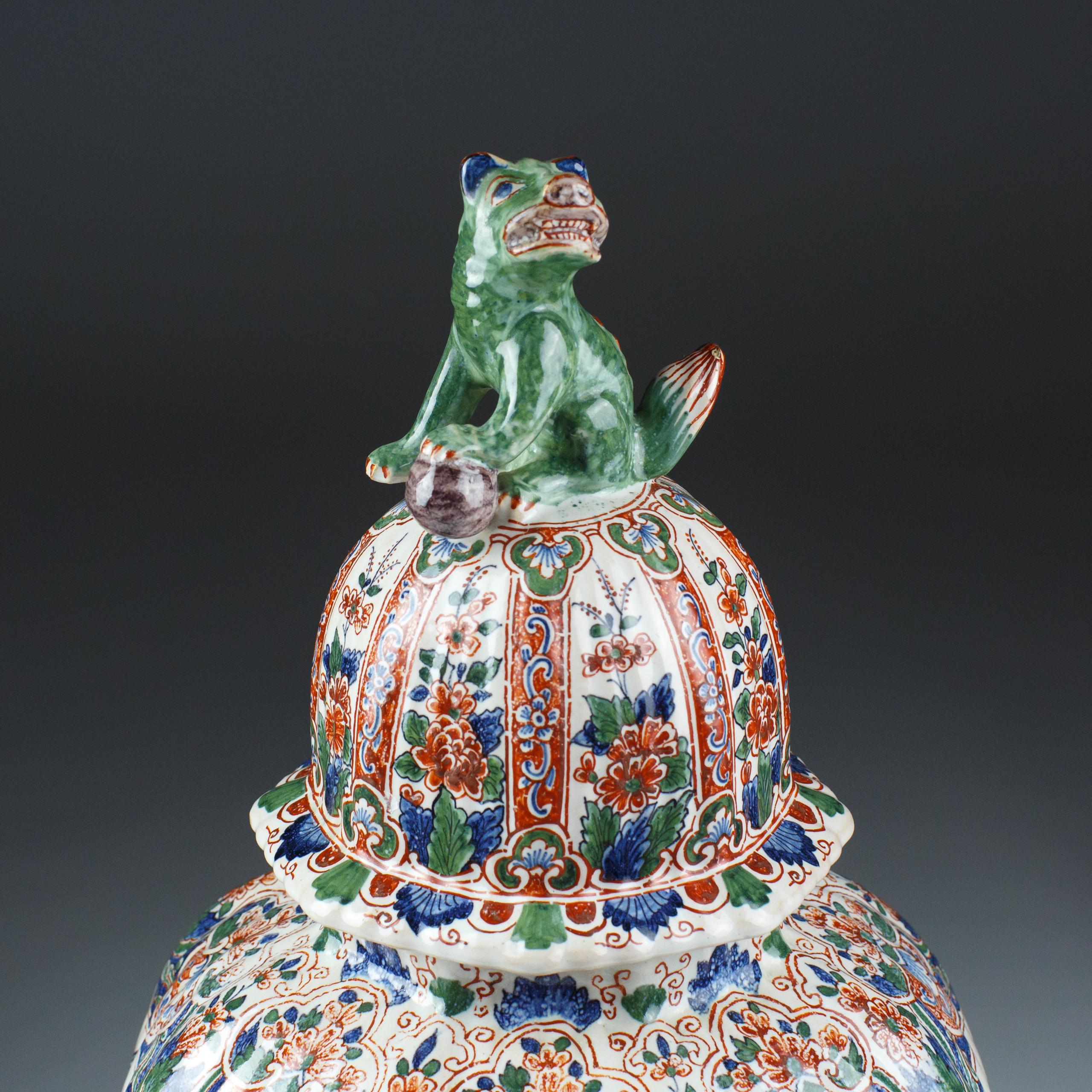 French Large Delft Desvres Covered Vase For Sale