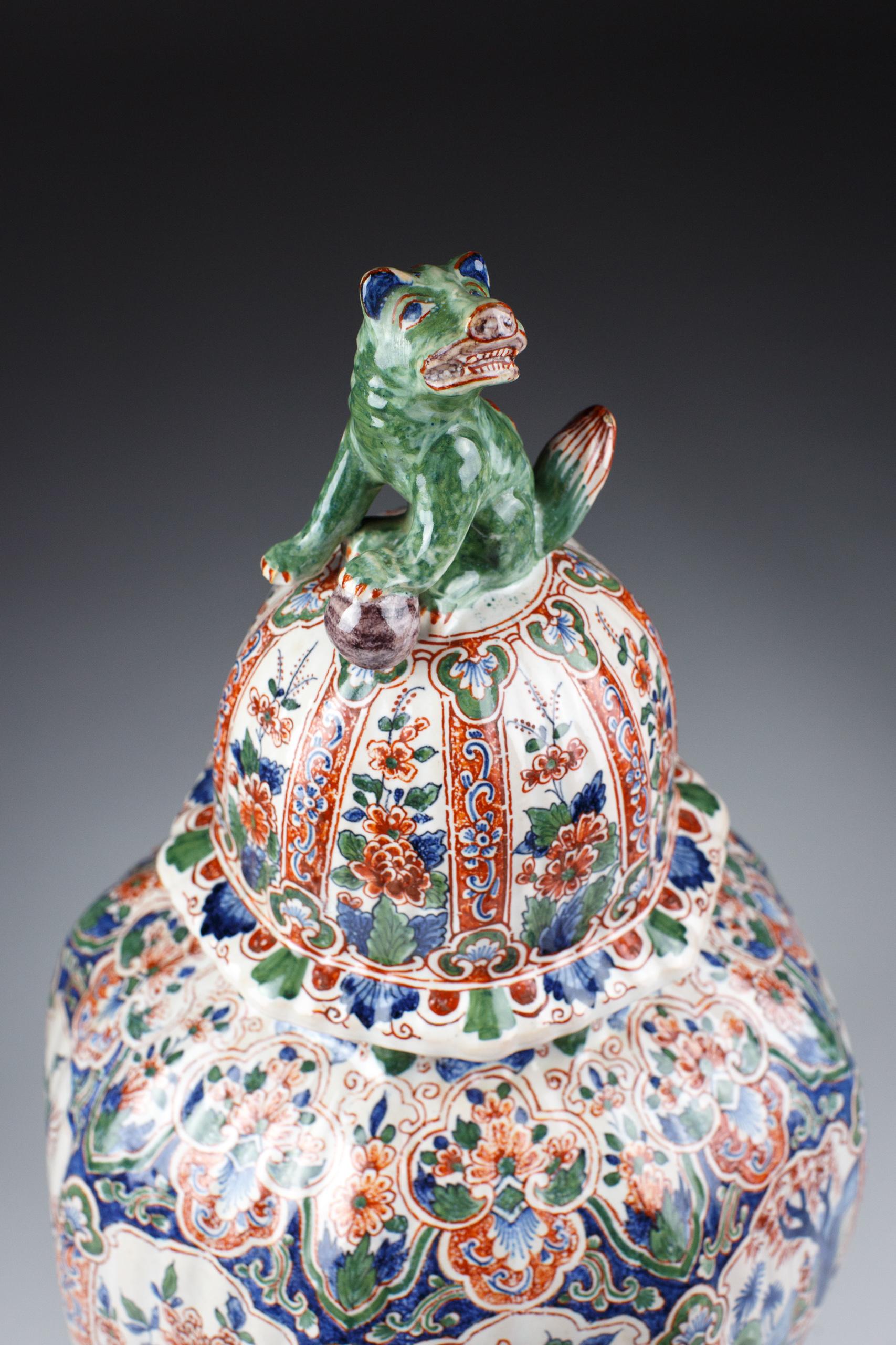 Glazed Large Delft Desvres Covered Vase For Sale