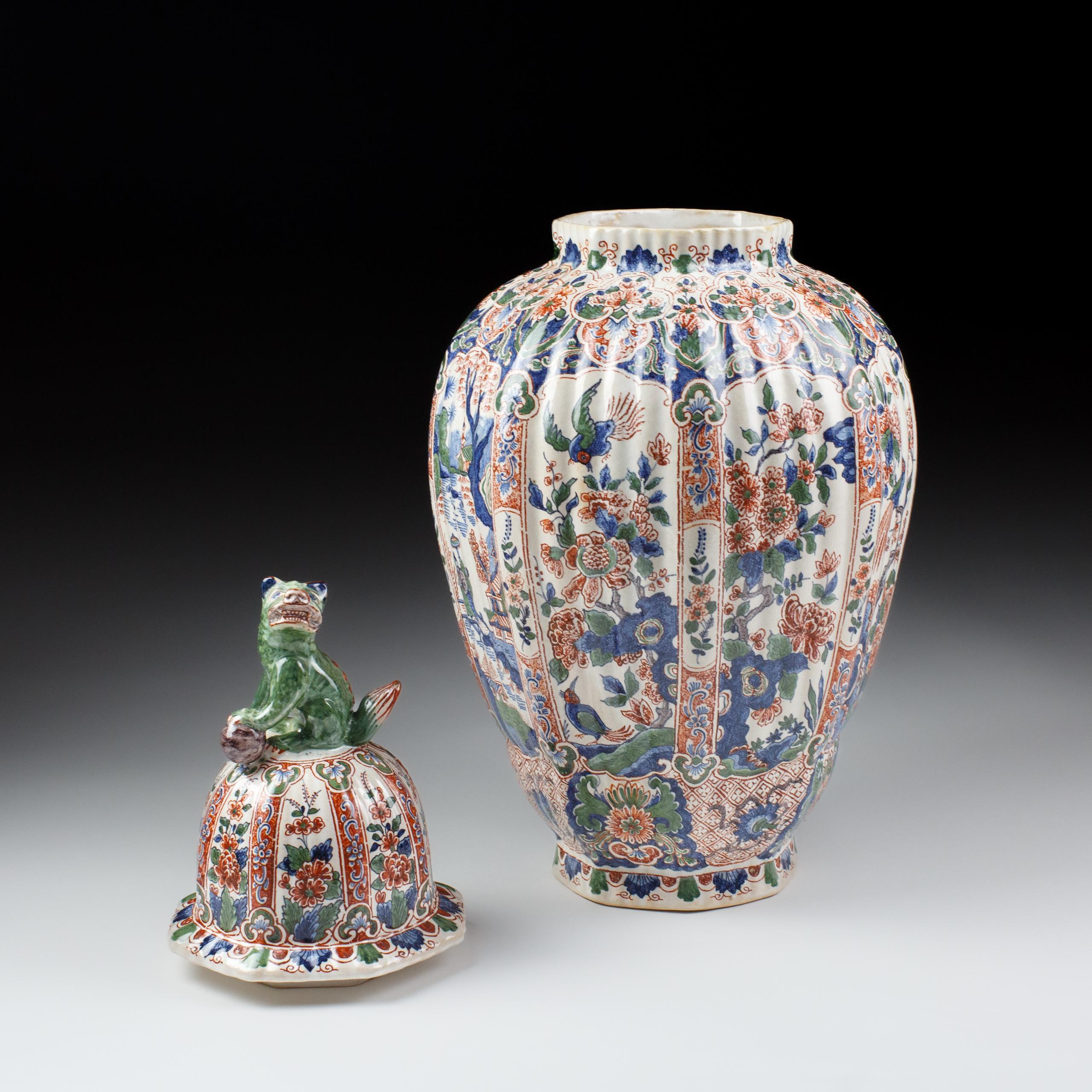 Stoneware Large Delft Desvres Covered Vase For Sale