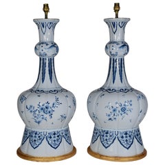 Large Delft Double Garlic Neck Pair of Blue and White 19th Century Table Lamps