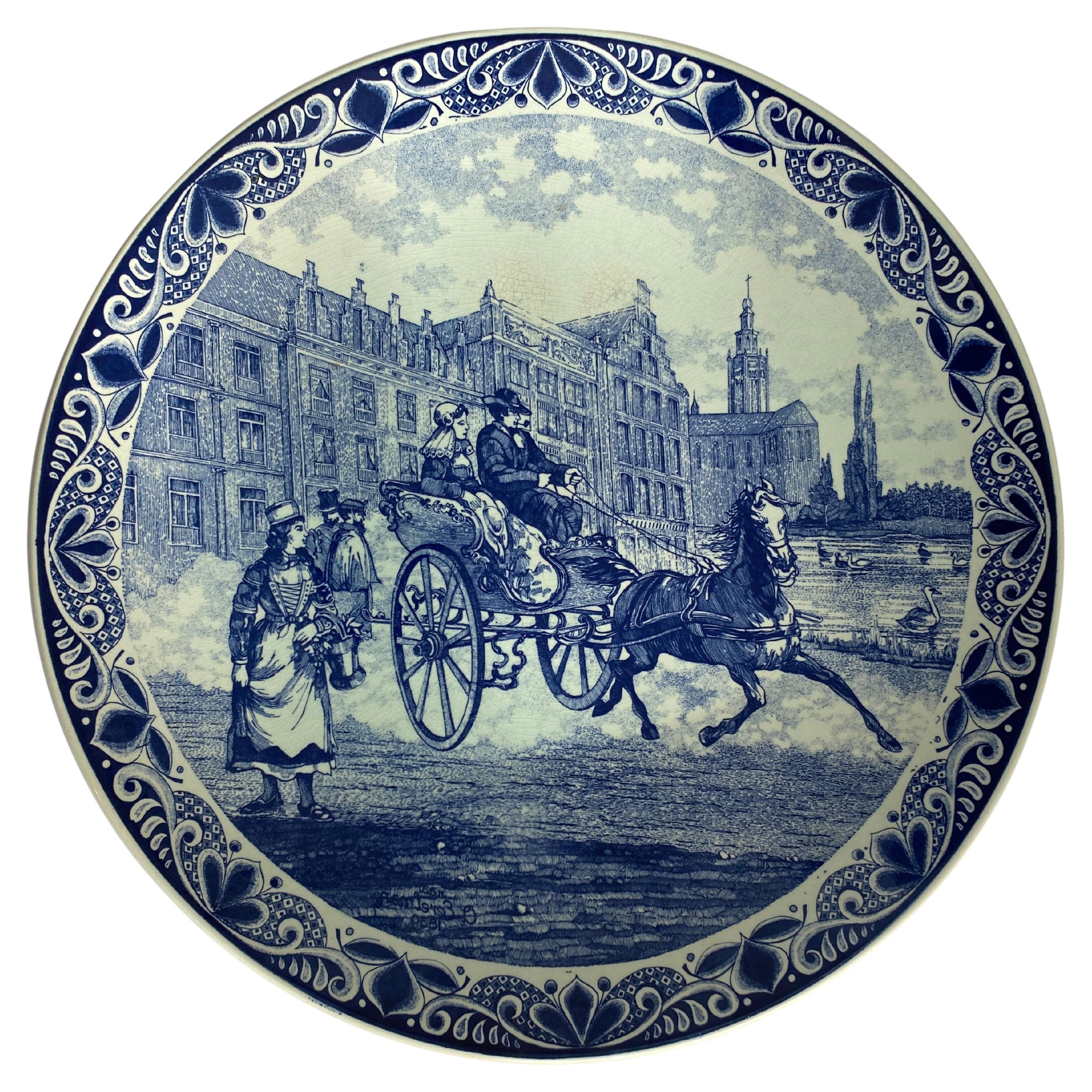 Große Delft Porzellan Landschaft Wandtafel, Delft Blau & Weiß Wandteller im Angebot