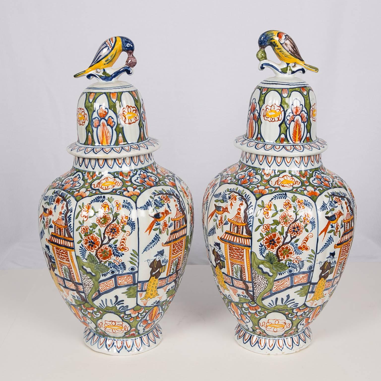 Large Delft Vases with Polychrome Colors a Pair 5