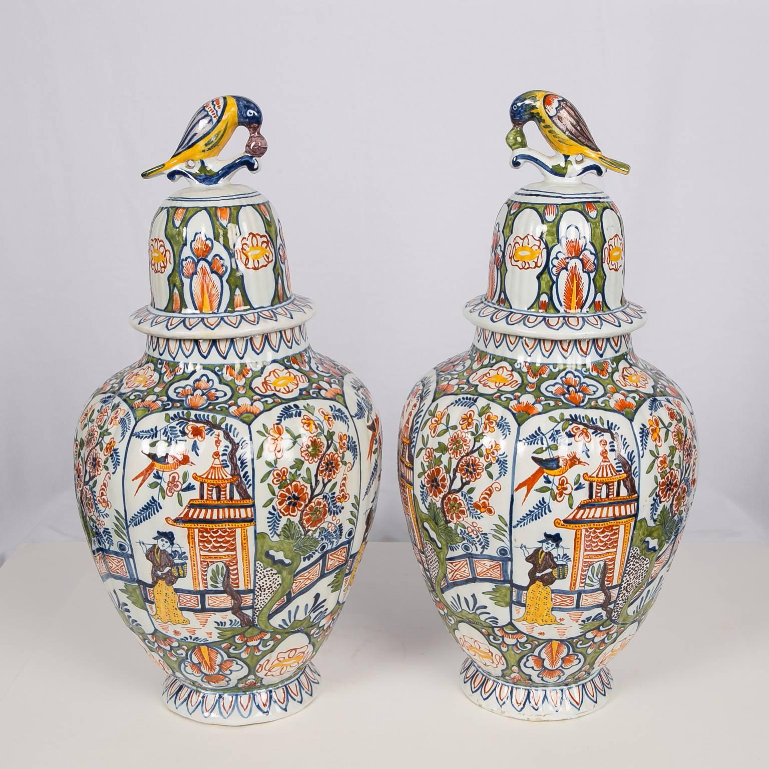 Large Delft Vases with Polychrome Colors a Pair 7