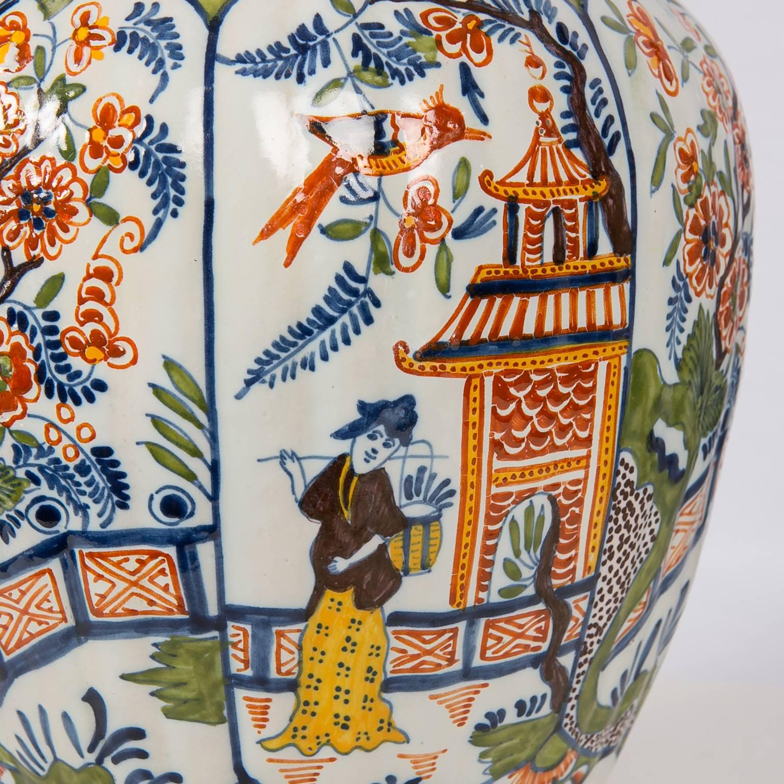 Dutch Large Delft Vases with Polychrome Colors a Pair
