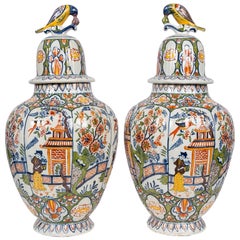 Large Delft Vases with Polychrome Colors a Pair