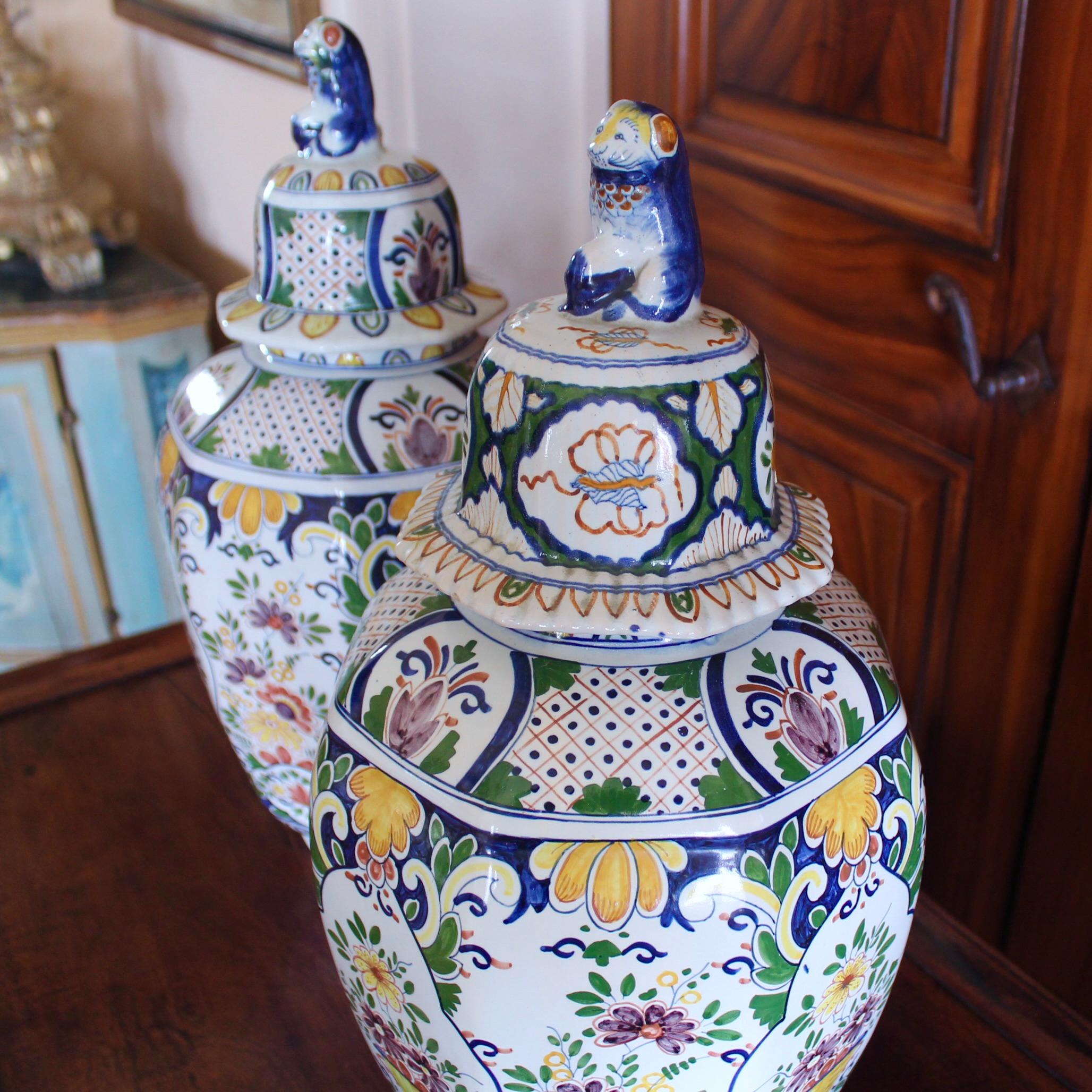 Large Delftware Polychrome Covered Jars With Lion Finials- a Pair For Sale 2