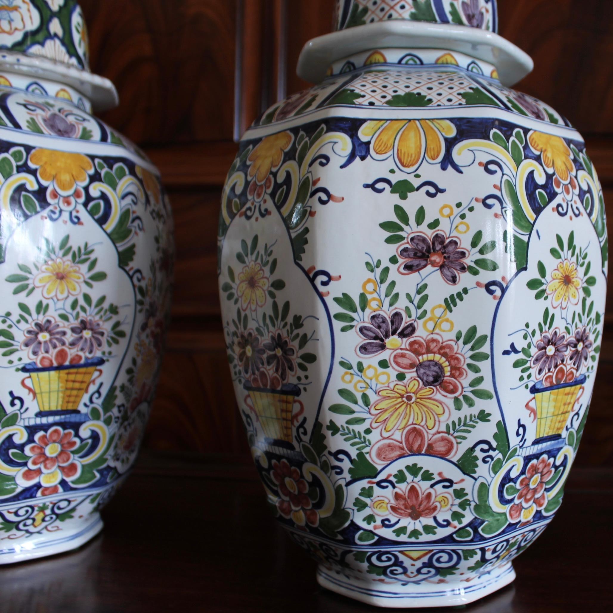 Large Delftware Polychrome Covered Jars With Lion Finials- a Pair For Sale 3