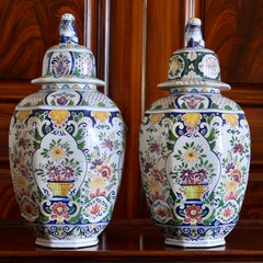 Large Delftware Polychrome Covered Jars With Lion Finials- a Pair