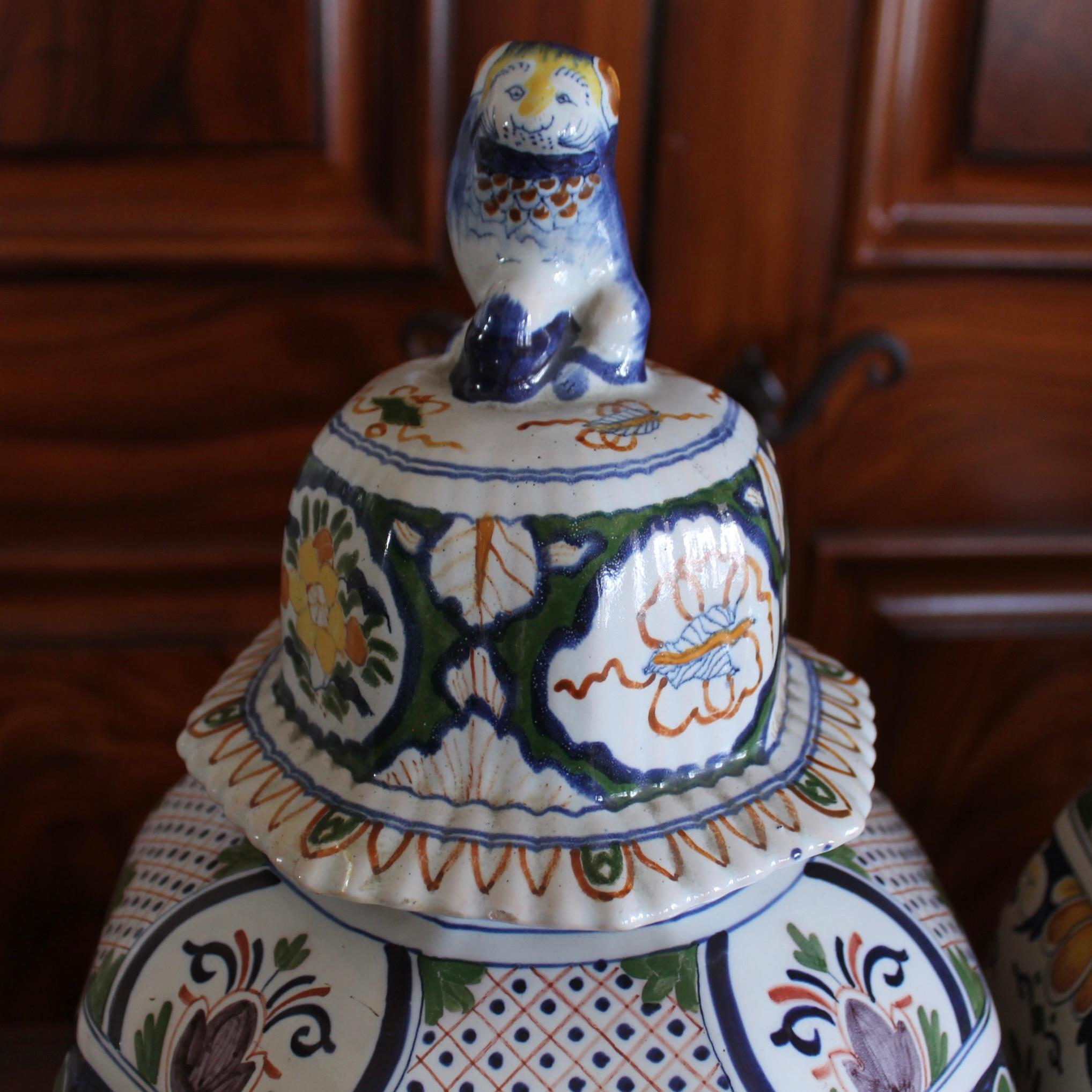 Late 20th Century Large Delftware Polychrome Covered Jars With Lion Finials- a Pair For Sale