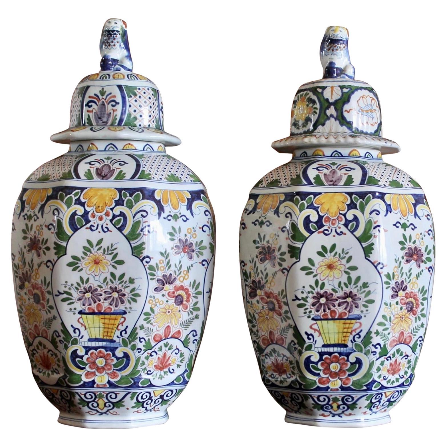 Large Delftware Polychrome Covered Jars With Lion Finials- a Pair