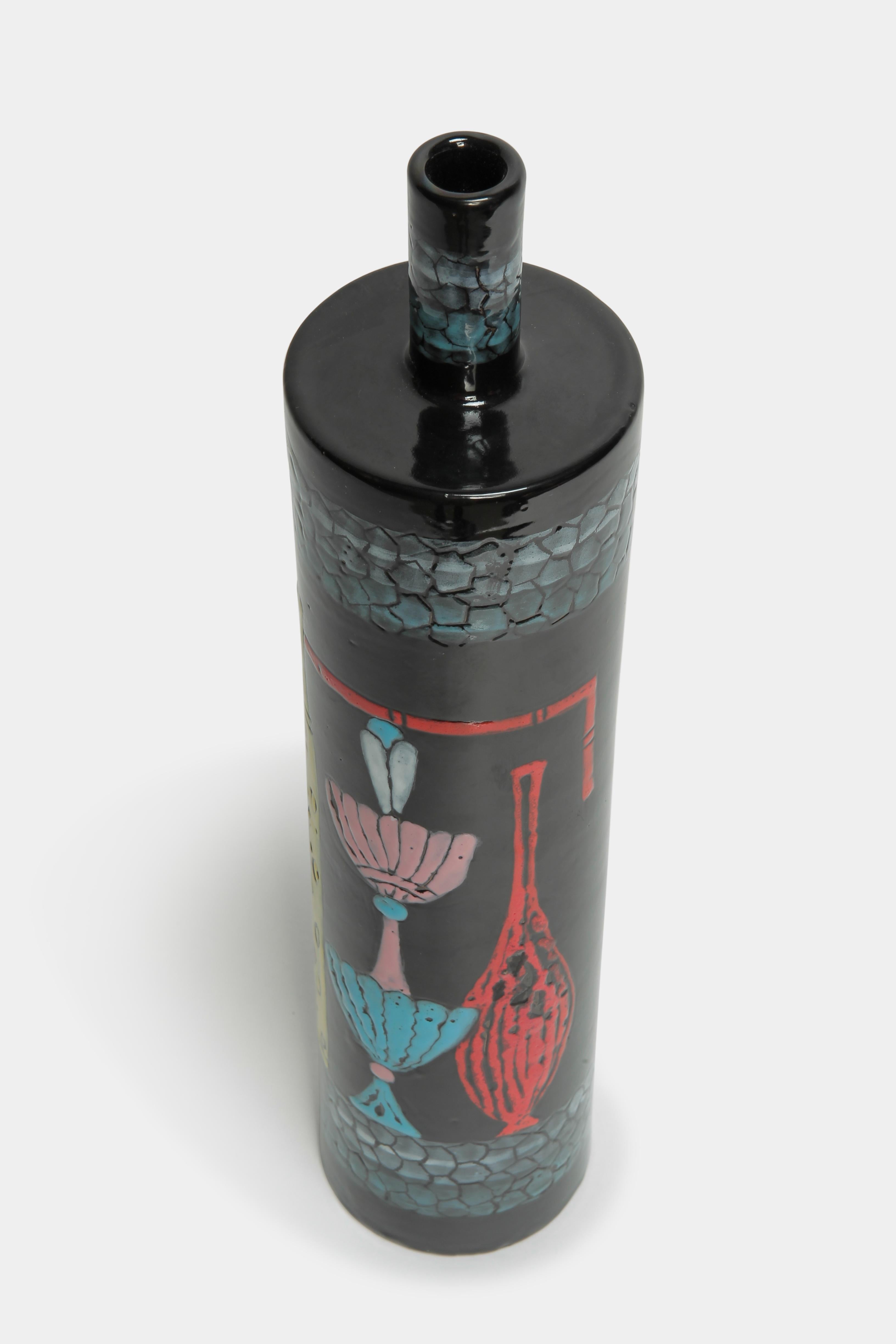 Bottle-shaped ceramic vase by Deruta from Italy. The vase has a multi-colored handmade and hand-painted design on a black background. Very authentic object and in very good condition.