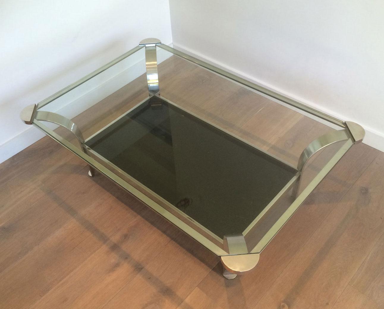 Large Design Chrome Coffee Table with Glass Shelves For Sale 4