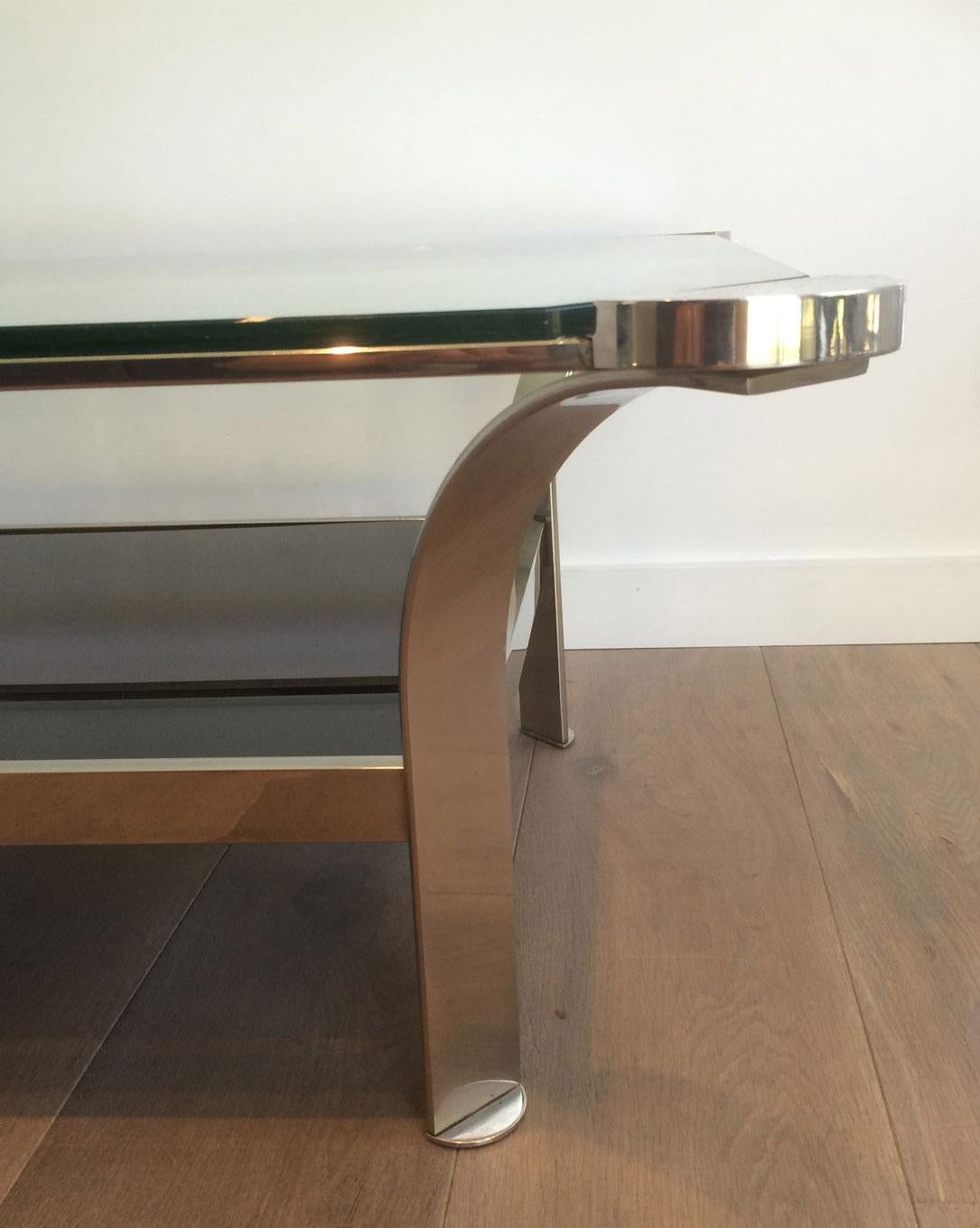 Large Design Chrome Coffee Table with Glass Shelves For Sale 5