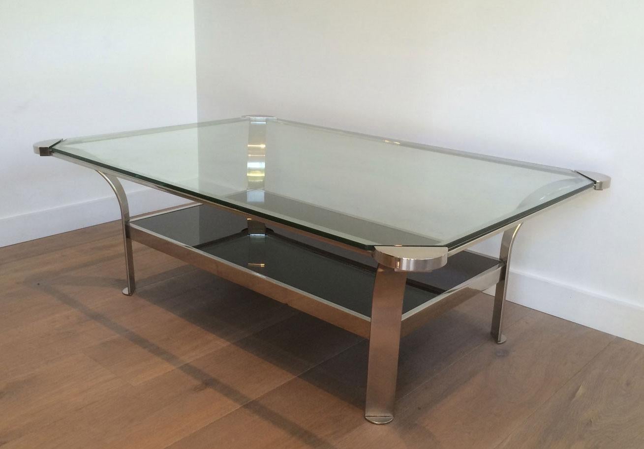 Mid-Century Modern Large Design Chrome Coffee Table with Glass Shelves For Sale