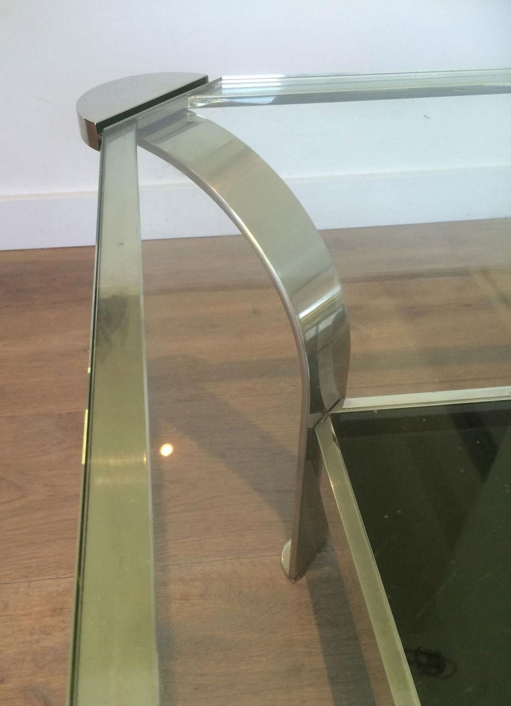 Lacquered Large Design Chrome Coffee Table with Glass Shelves For Sale