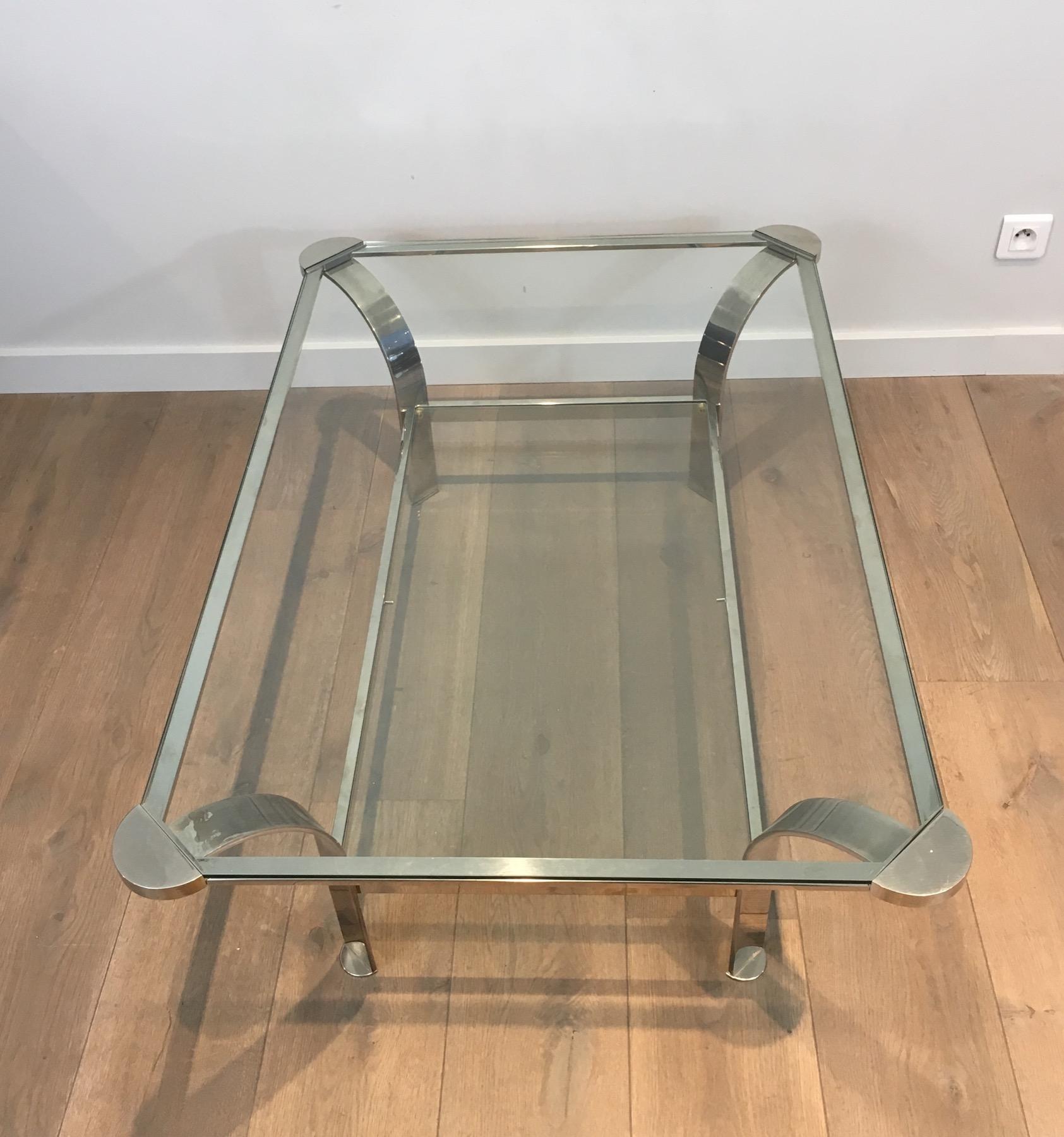 Large Design Chrome Coffee Table with Glass Shelves, French, Circa 1970 For Sale 8