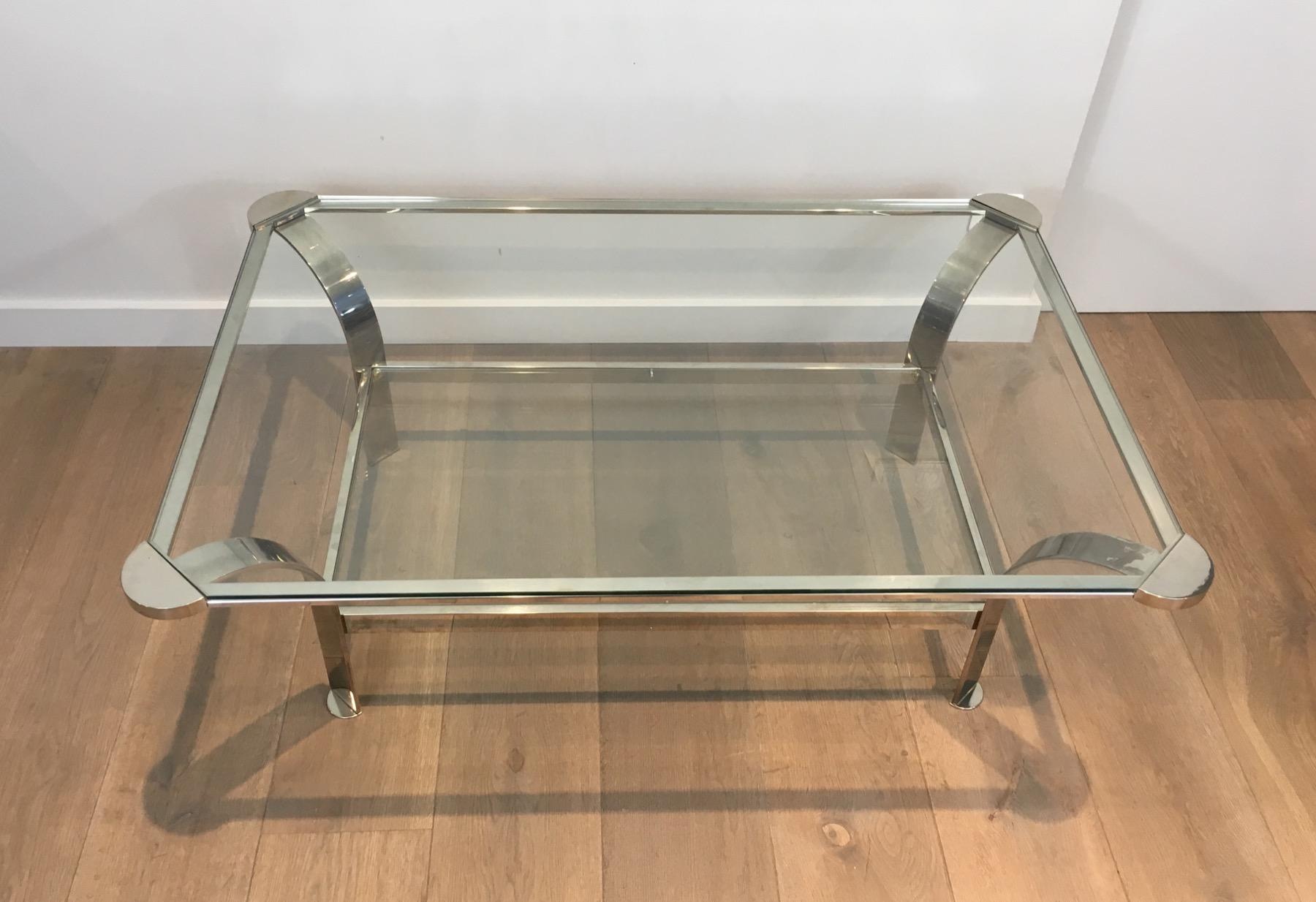 Mid-Century Modern Large Design Chrome Coffee Table with Glass Shelves, French, Circa 1970 For Sale