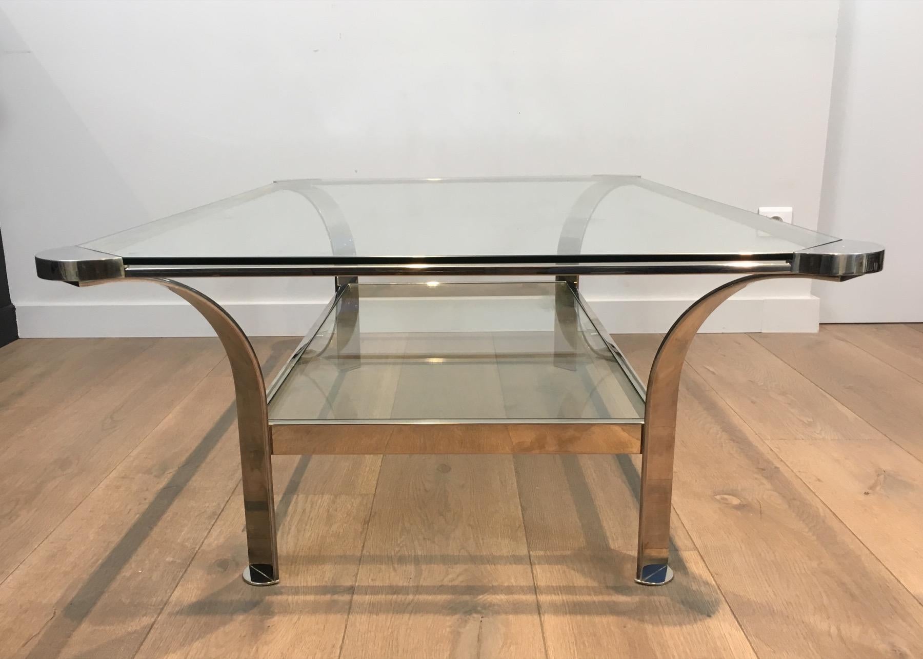 Large Design Chrome Coffee Table with Glass Shelves, French, Circa 1970 For Sale 1