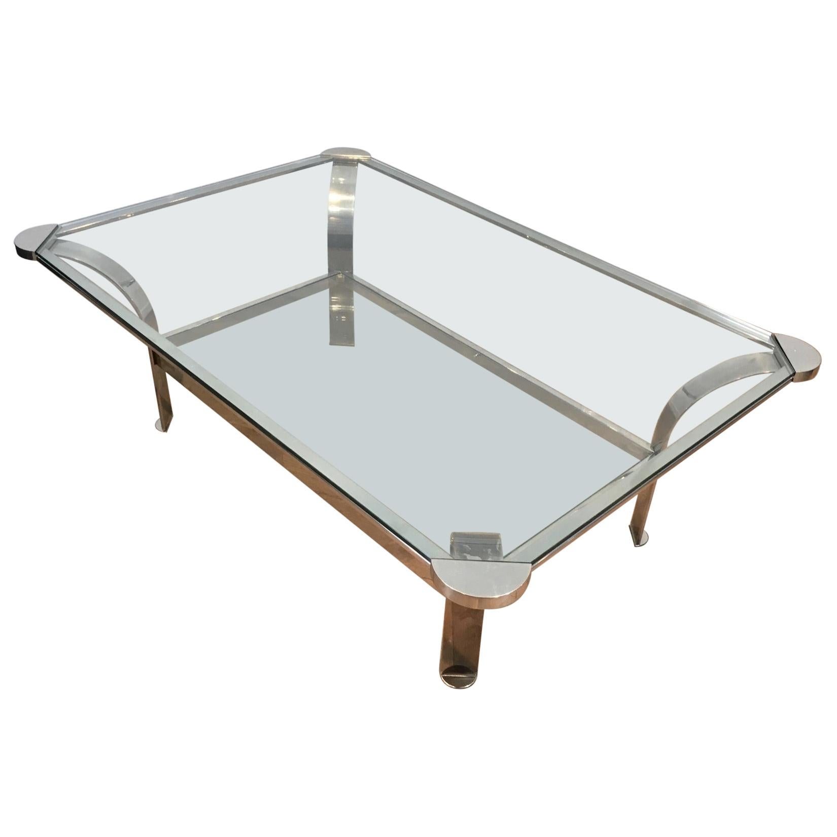 Large Design Chrome Coffee Table with Glass Shelves, French, Circa 1970