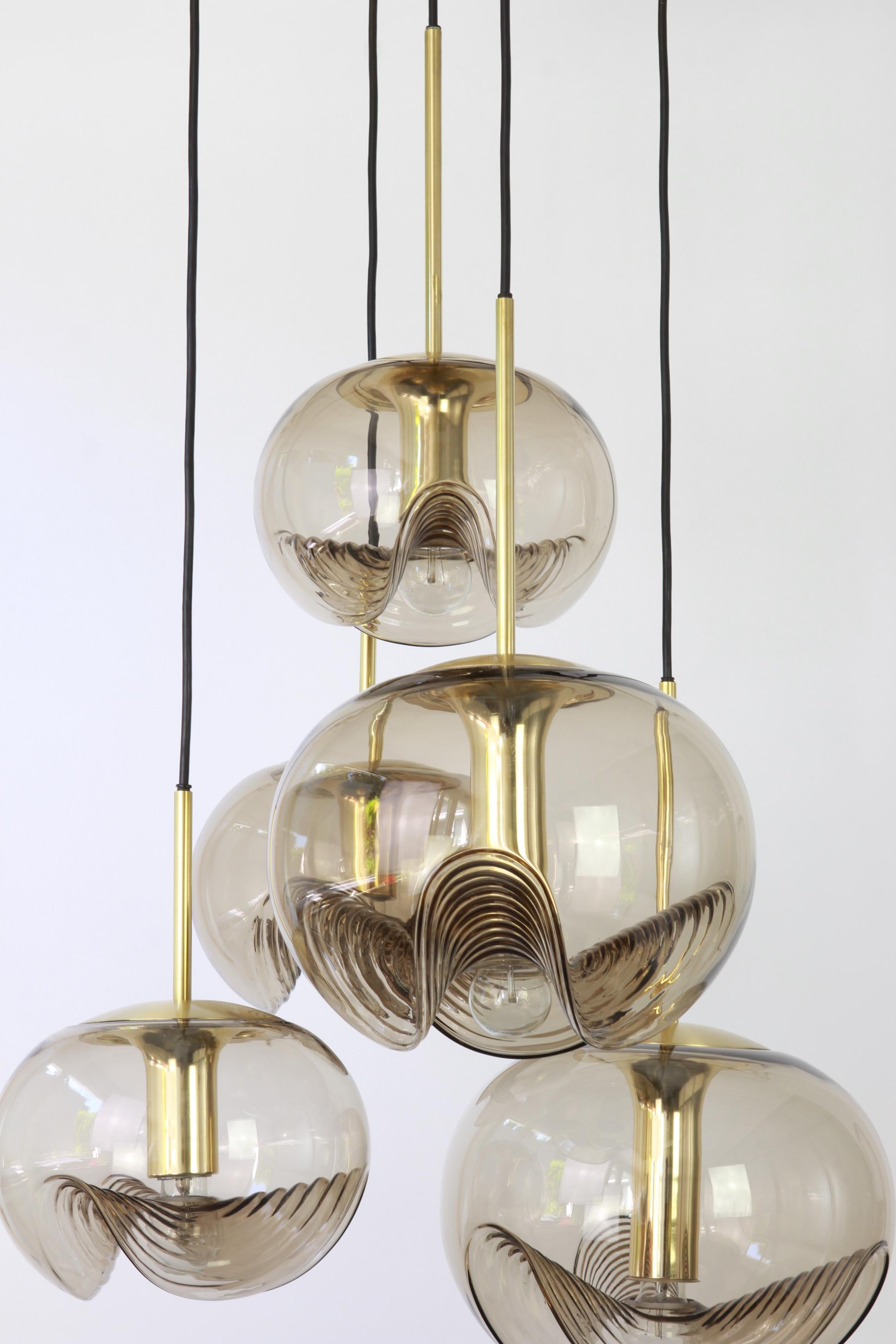 Mid-Century Modern Large Designer Cascading Chandelier Smoked Glass Peill & Putzler, Germany, 1970s For Sale