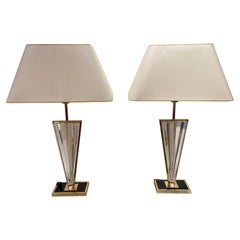 Large designer lamps in brass and thick Plexiglas, circa 1980