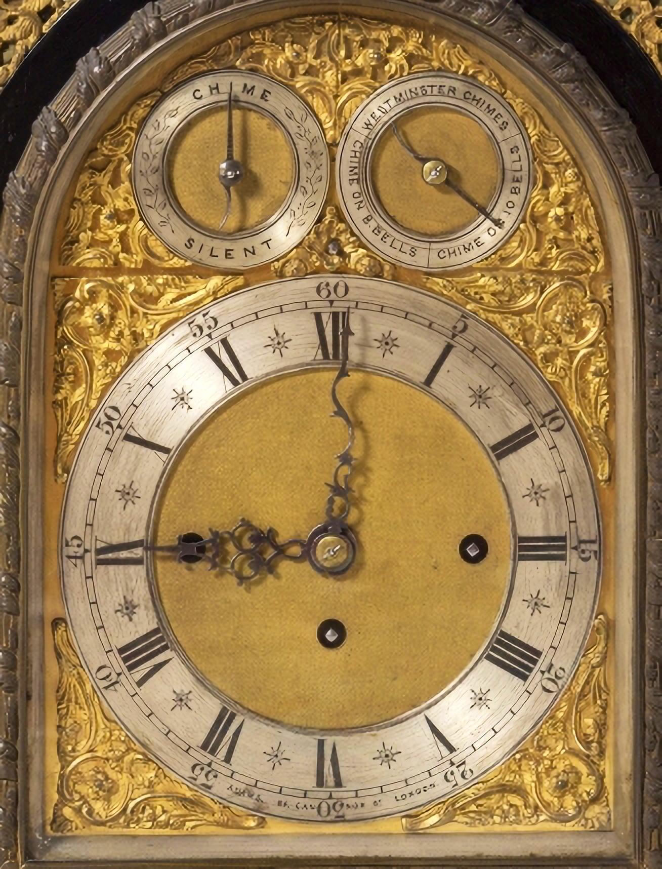 LARGE DESK CLOCK

Victorian,
19th Century
Brass dial with Roman numerals, marked Adams, 84 Cannon Street, London.
Containing two Chime-silent bows and selection of Westminster Chimes.
Carillons on eight bells and ten bells.
Ebonised wooden
