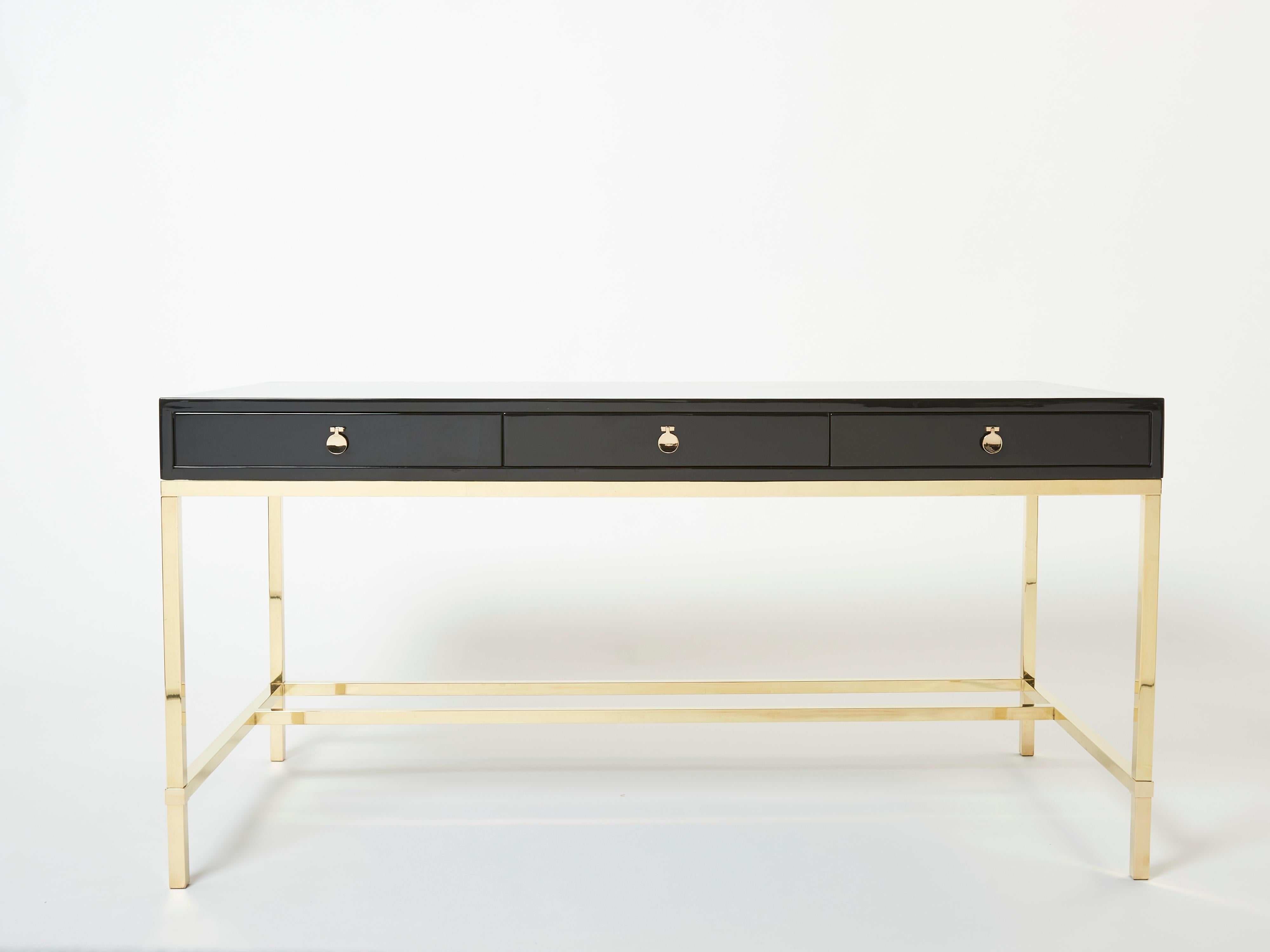 Large Desk Table Guy Lefevre Maison Jansen Black Lacquer Brass 1970s For Sale 4